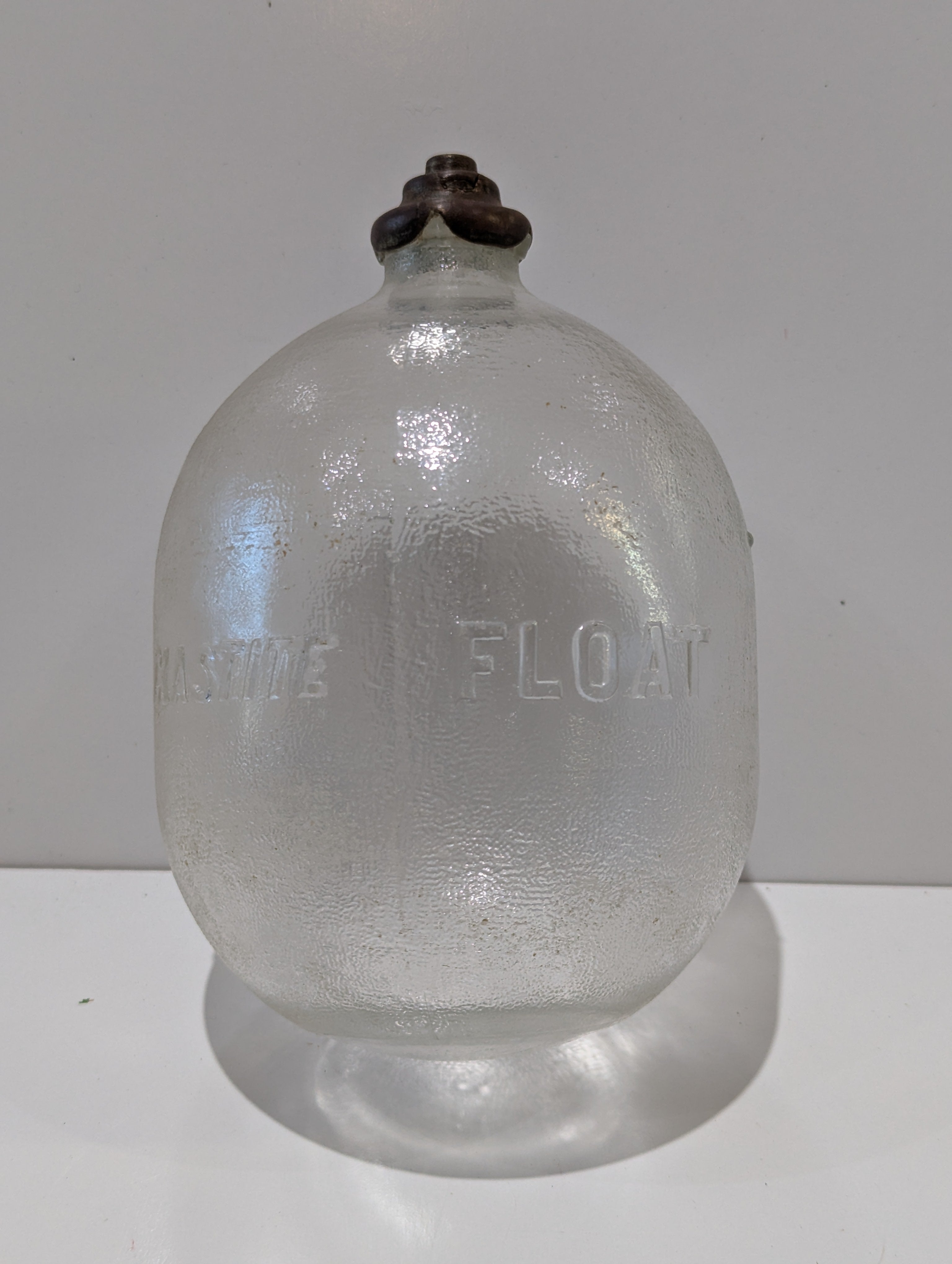 Vintage Glass Float Embossed "CLASTITE FLOAT" Utility Float Buoy With Metal Collar