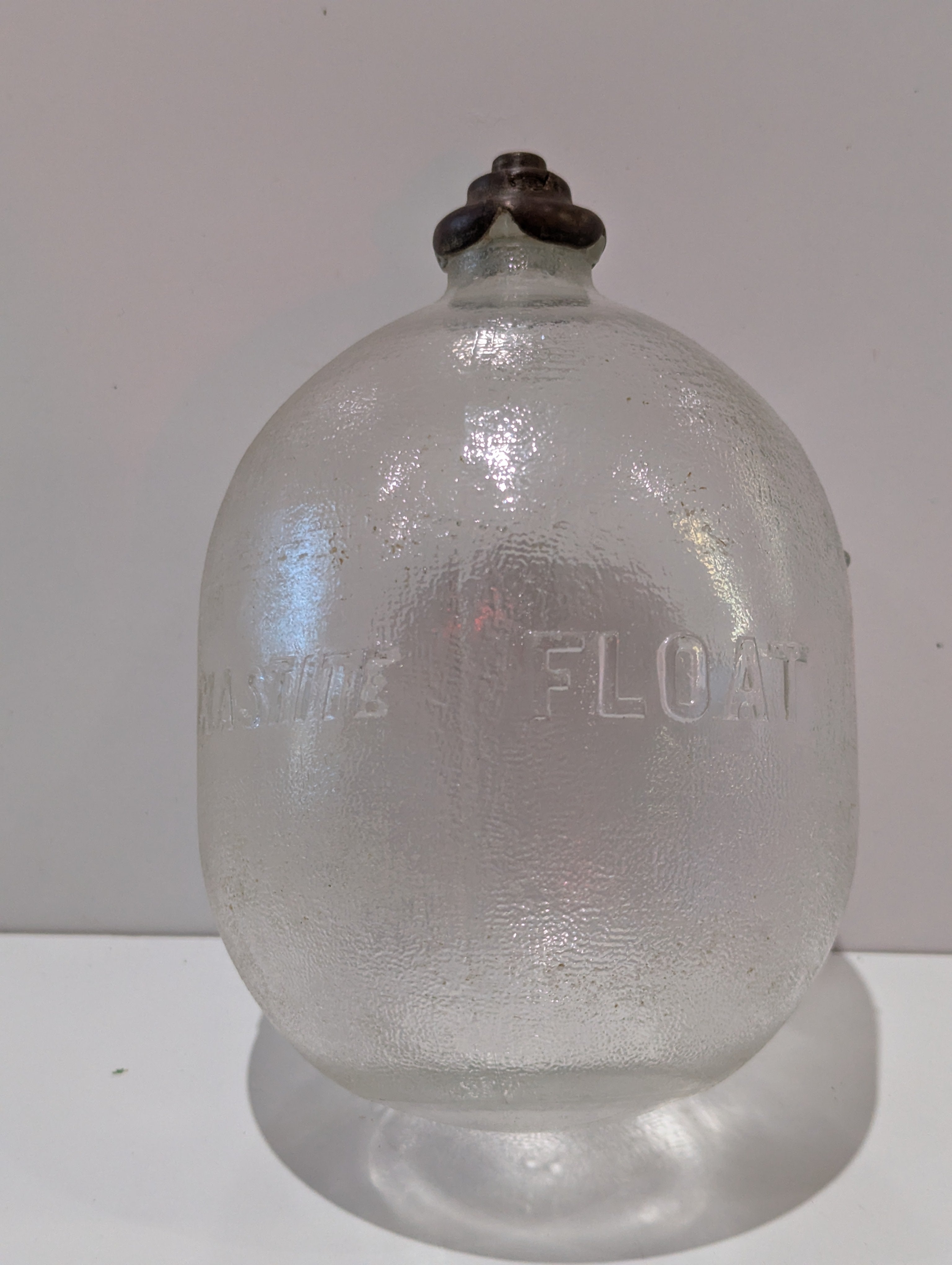 Vintage Glass Float Embossed "CLASTITE FLOAT" Utility Float Buoy With Metal Collar