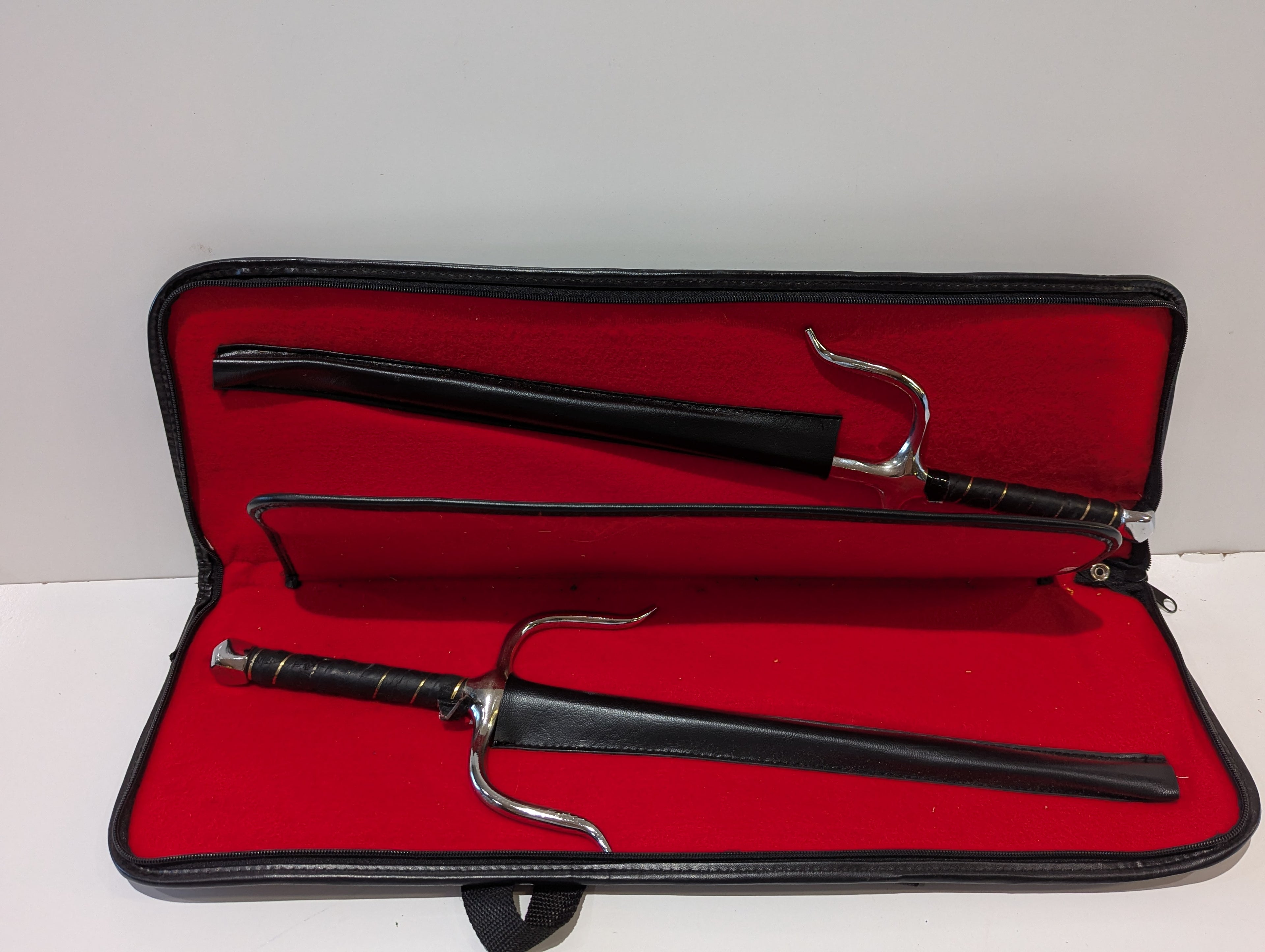 Martial Arts Sai Sword Pair Chrome Steel Training Set With Case Vintage Display
