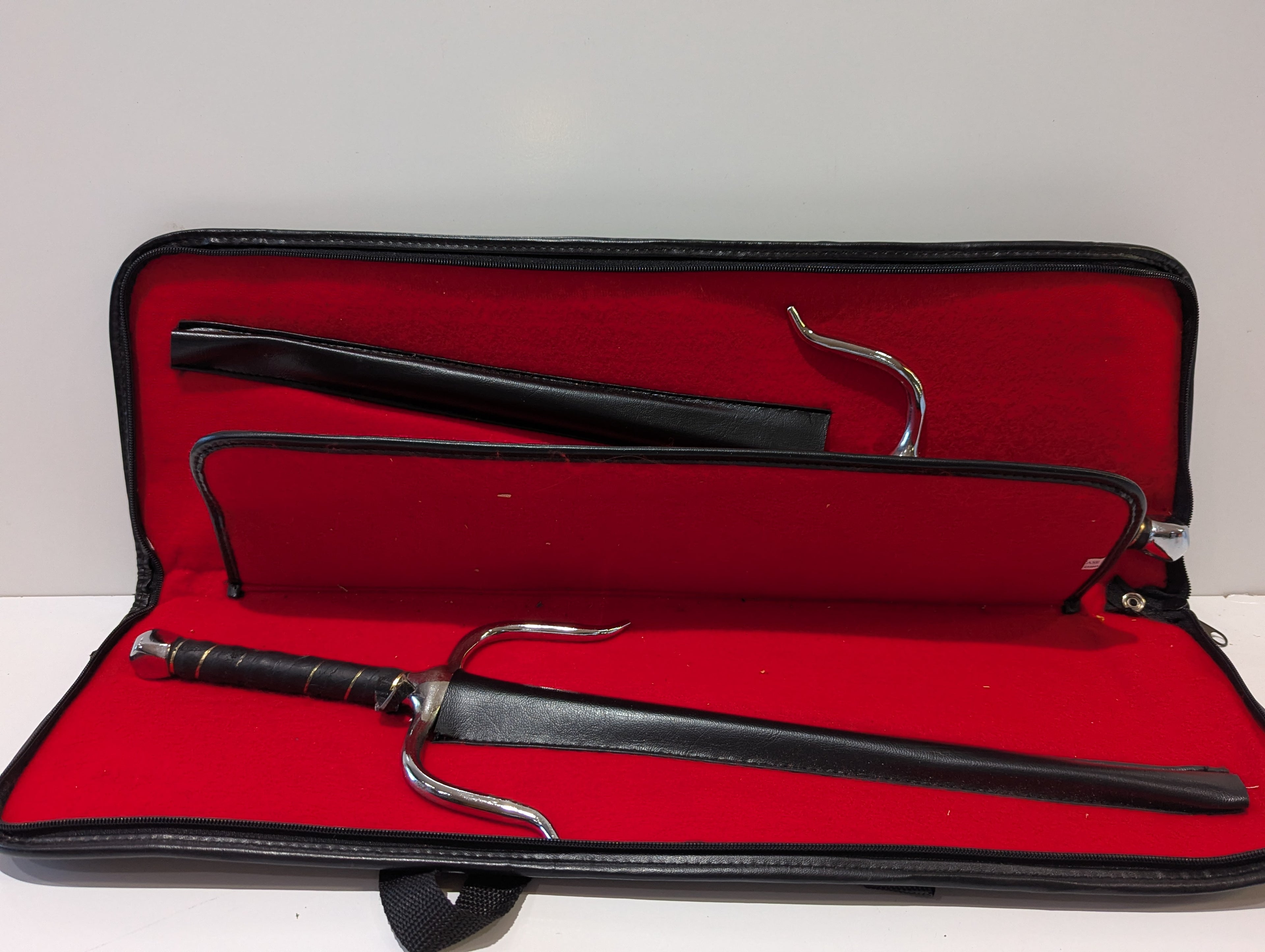 Martial Arts Sai Sword Pair Chrome Steel Training Set With Case Vintage Display