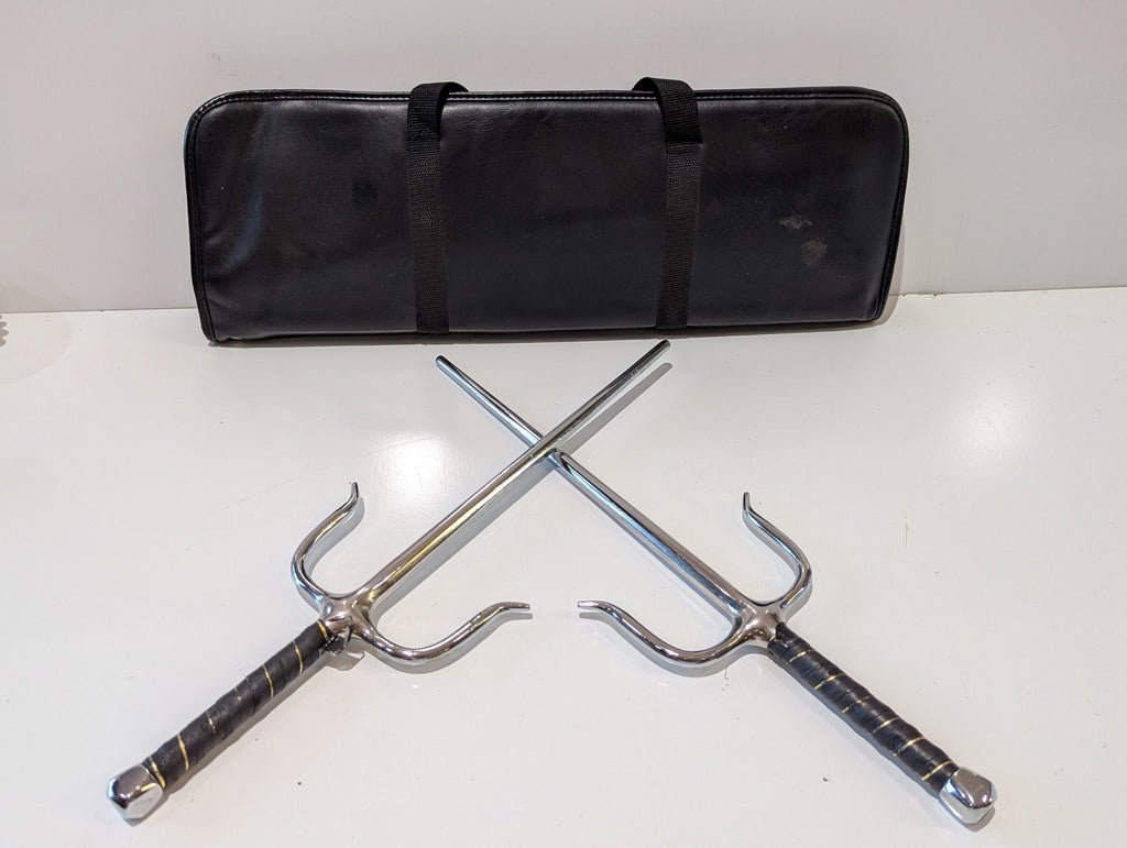 Martial Arts Sai Sword Pair Chrome Steel Training Set With Case Vintage Display