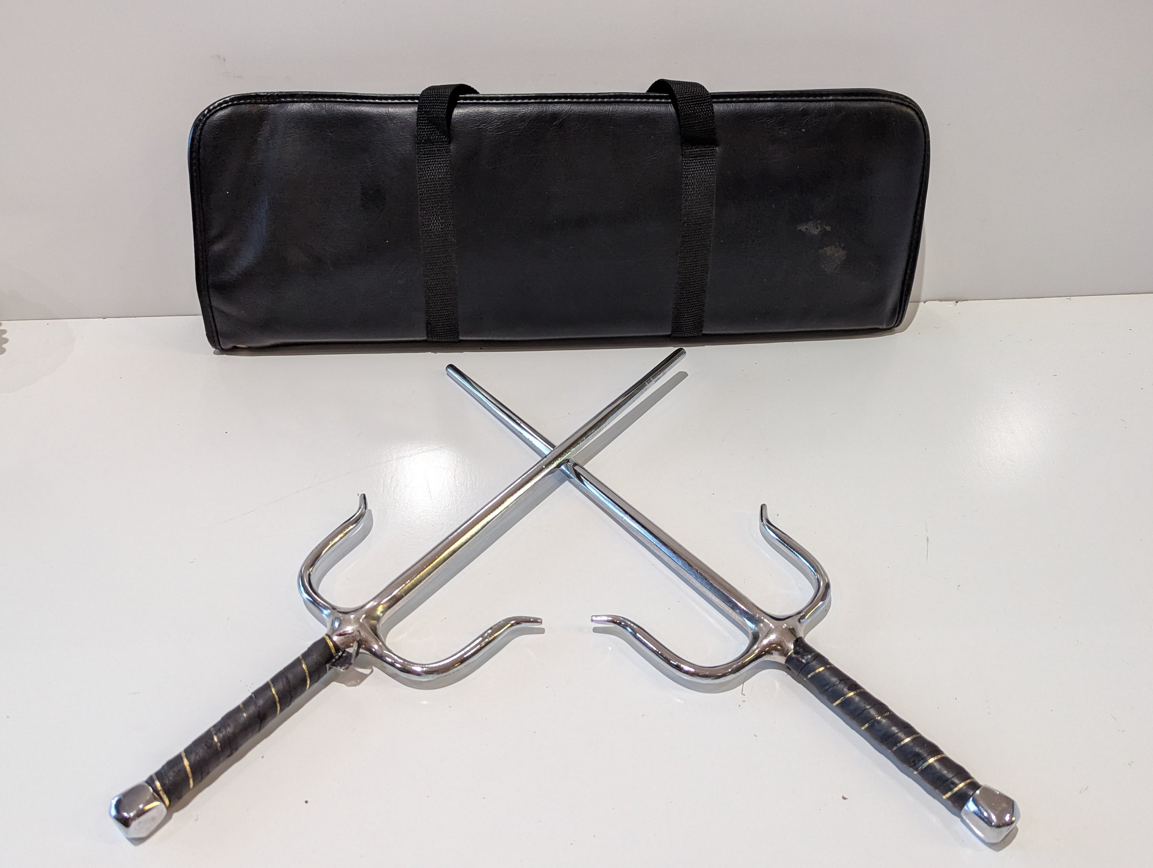Martial Arts Sai Sword Pair Chrome Steel Training Set With Case Vintage Display