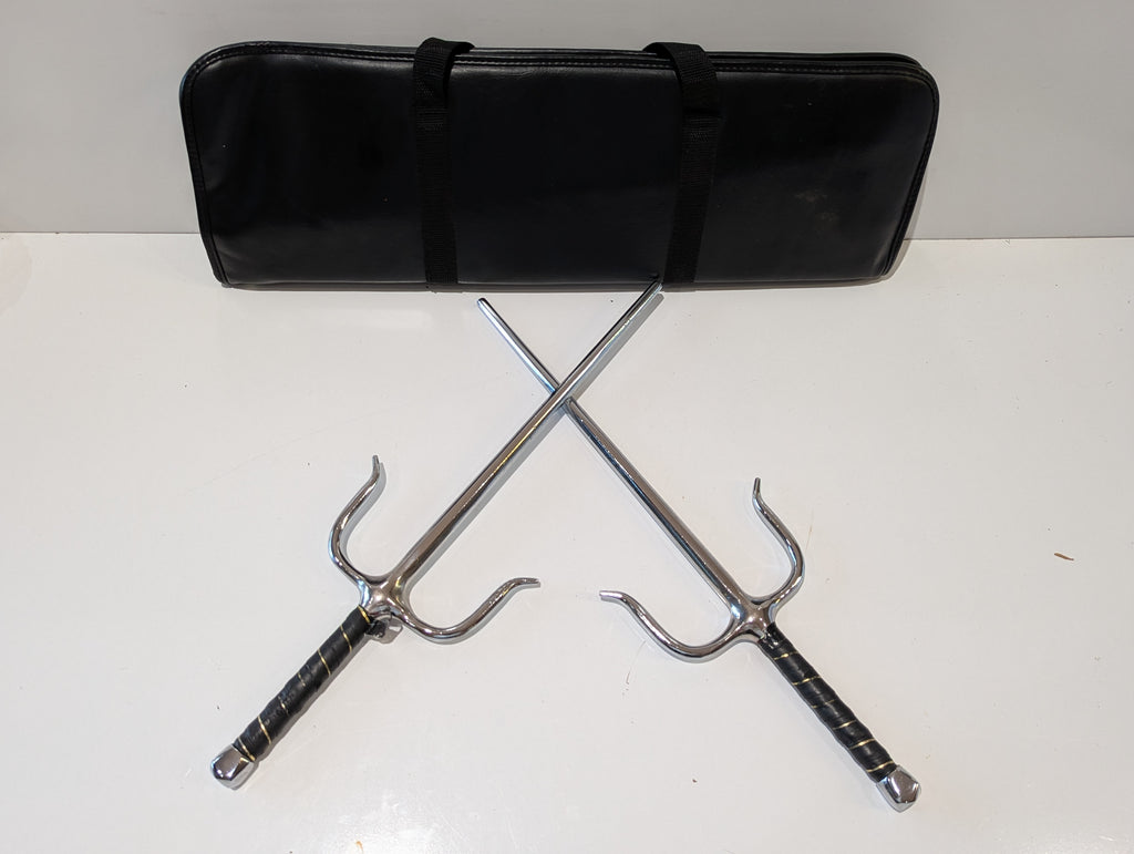 Martial Arts Sai Sword Pair Chrome Steel Training Set With Case Vintage Display