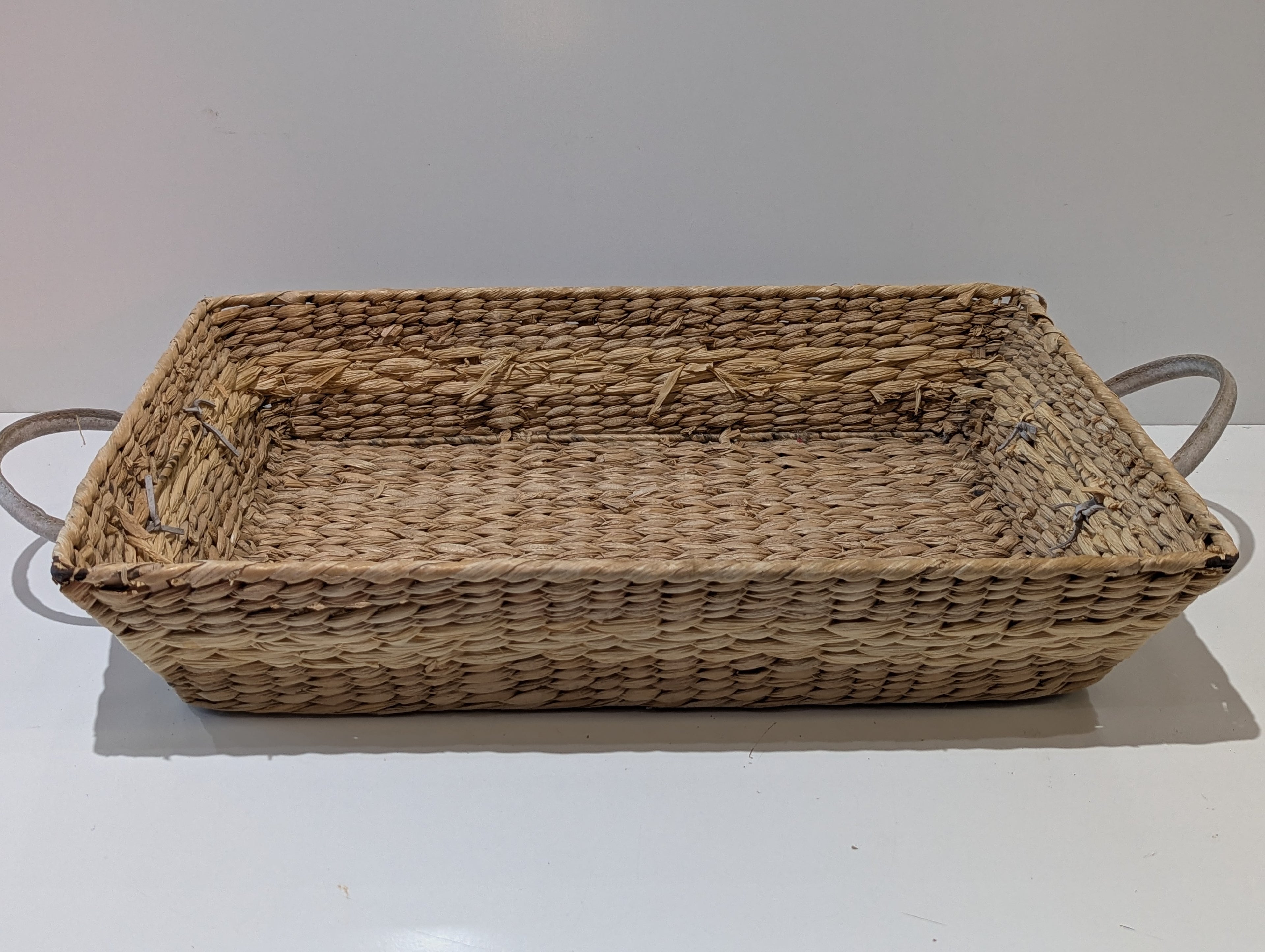 Handwoven Water Hyacinth Storage Basket With Side Handles Rustic Wicker Organizer