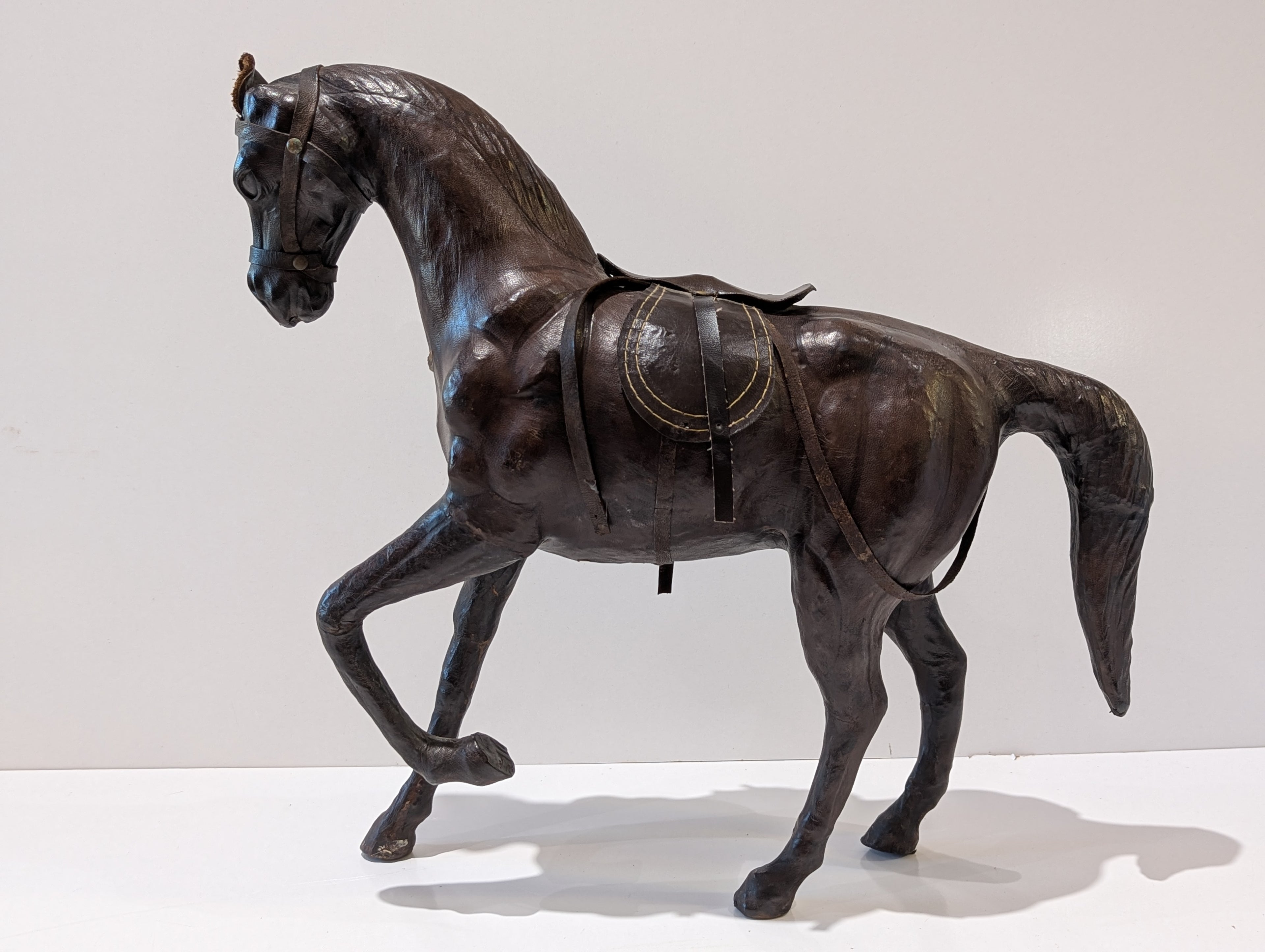 Vintage 16" Handcrafted Leather Horse Figurine Equestrian Saddle Decor Statue