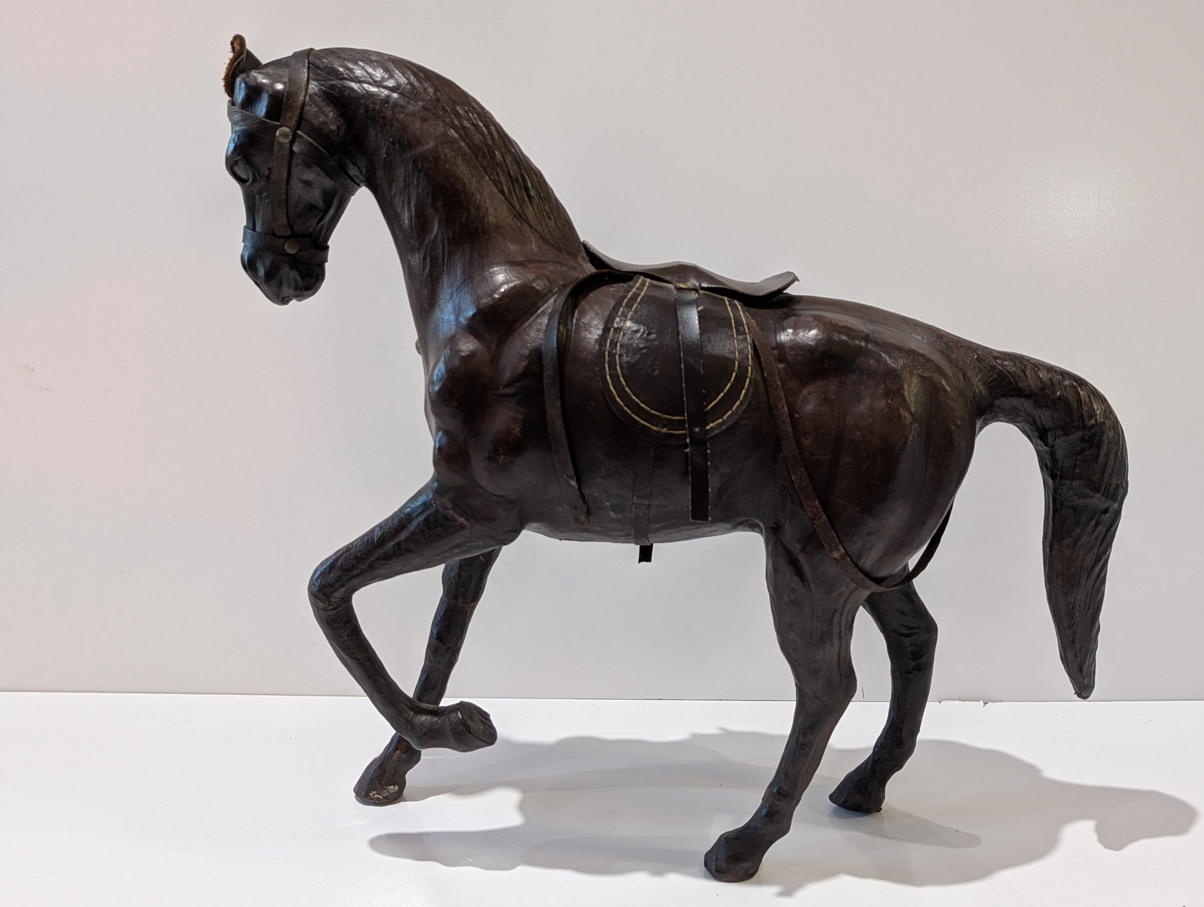 Vintage 16" Handcrafted Leather Horse Figurine Equestrian Saddle Decor Statue