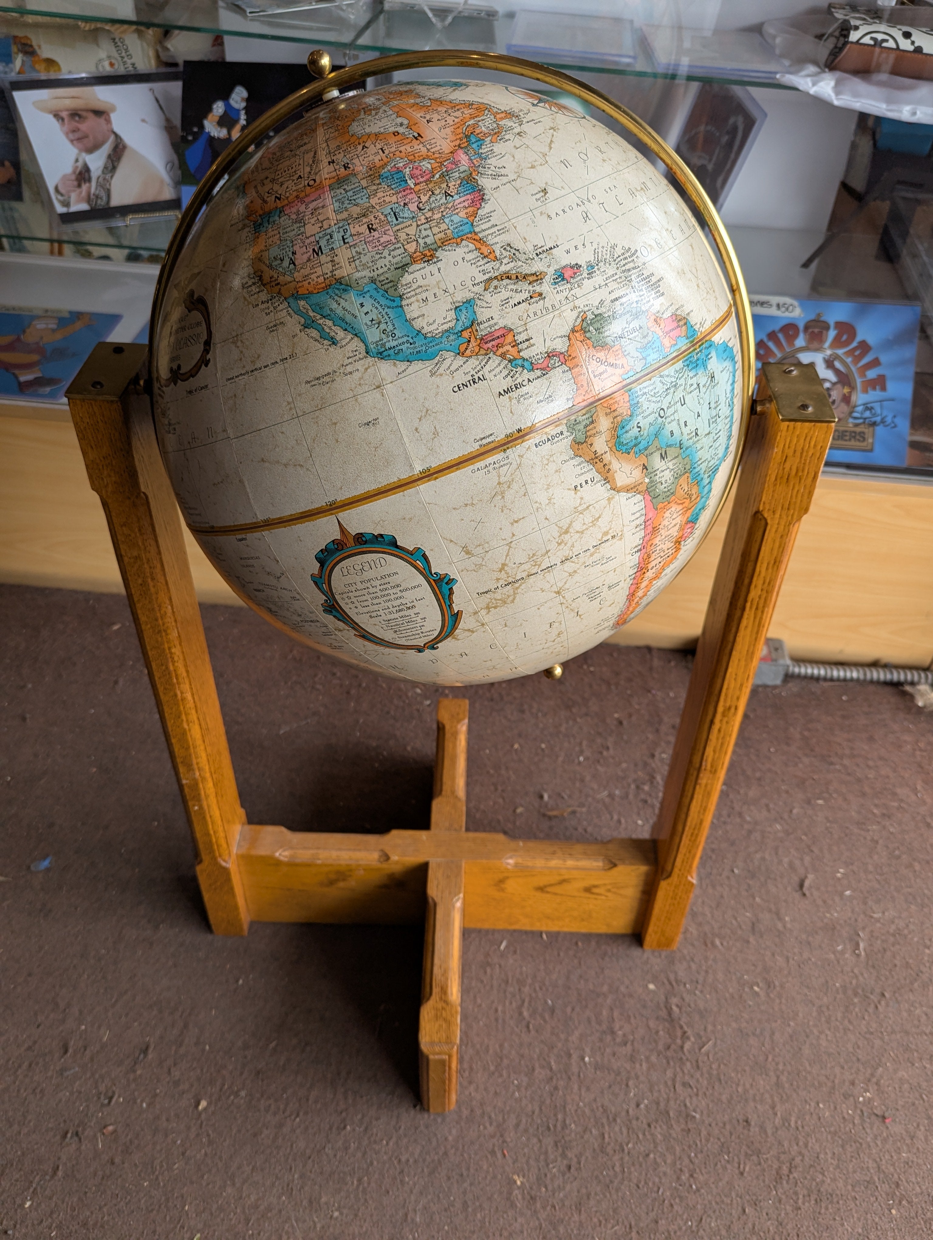 Vintage Replogle World Classic Floor Globe Oak Wood Stand Brass Meridian Vintage