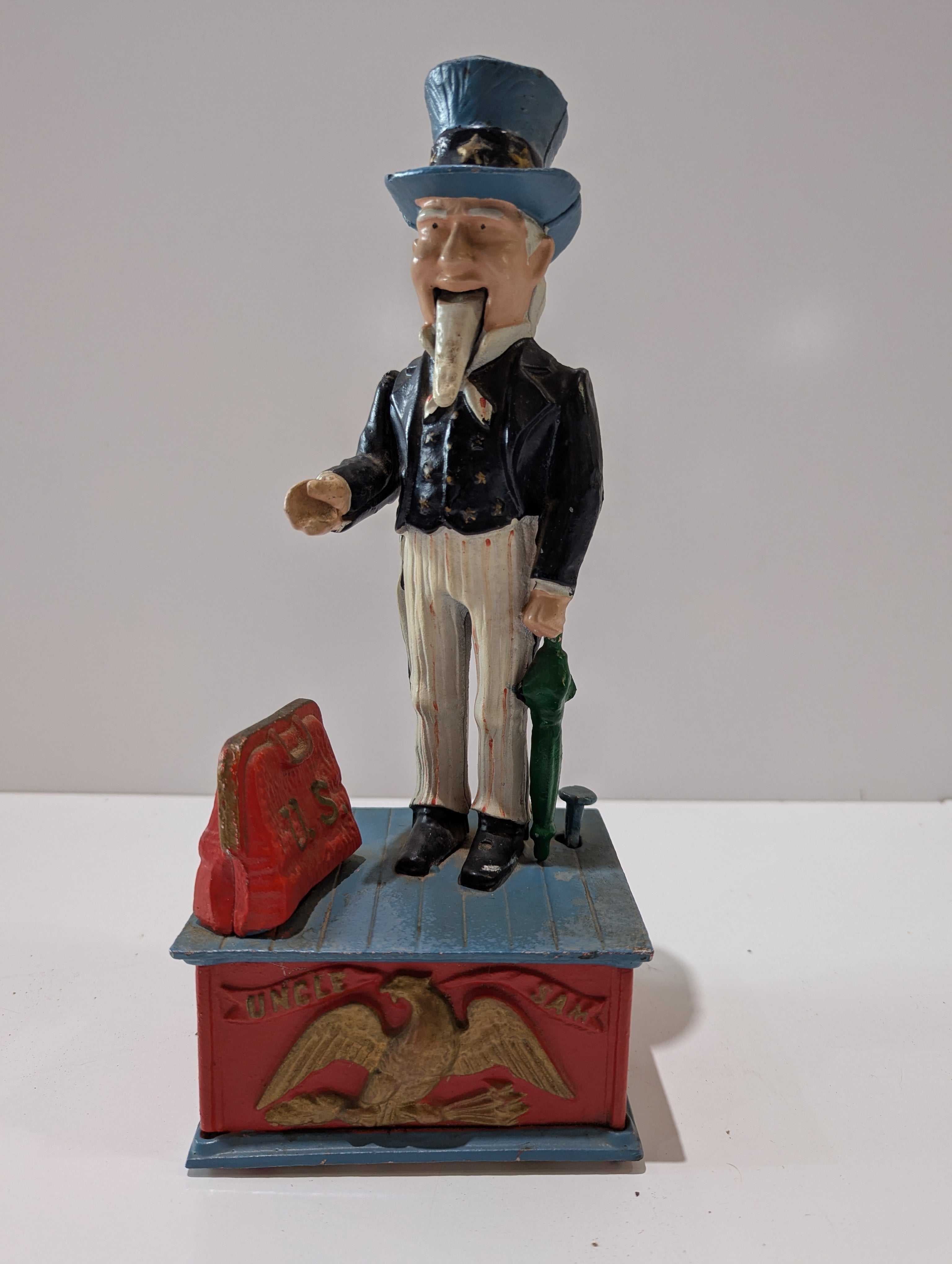 Vintage Uncle Sam Cast Iron Mechanical Bank Patriotic Eagle Coin Bank Collectible