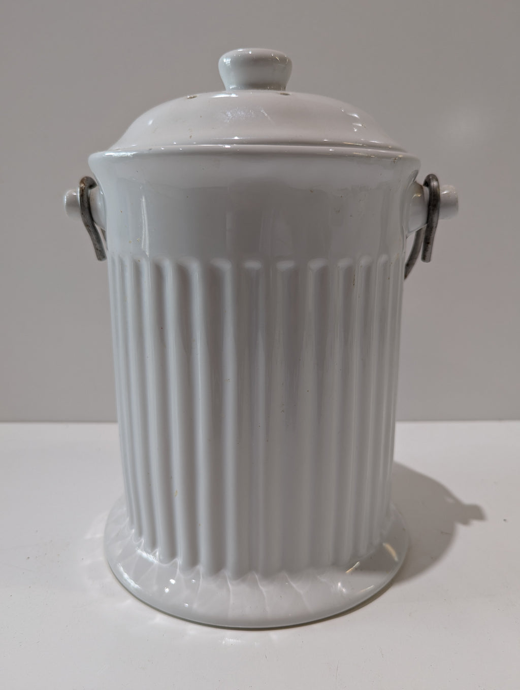 Vintage White Ceramic Kitchen Compost Waste Crock Canister With Lid & Metal Handle