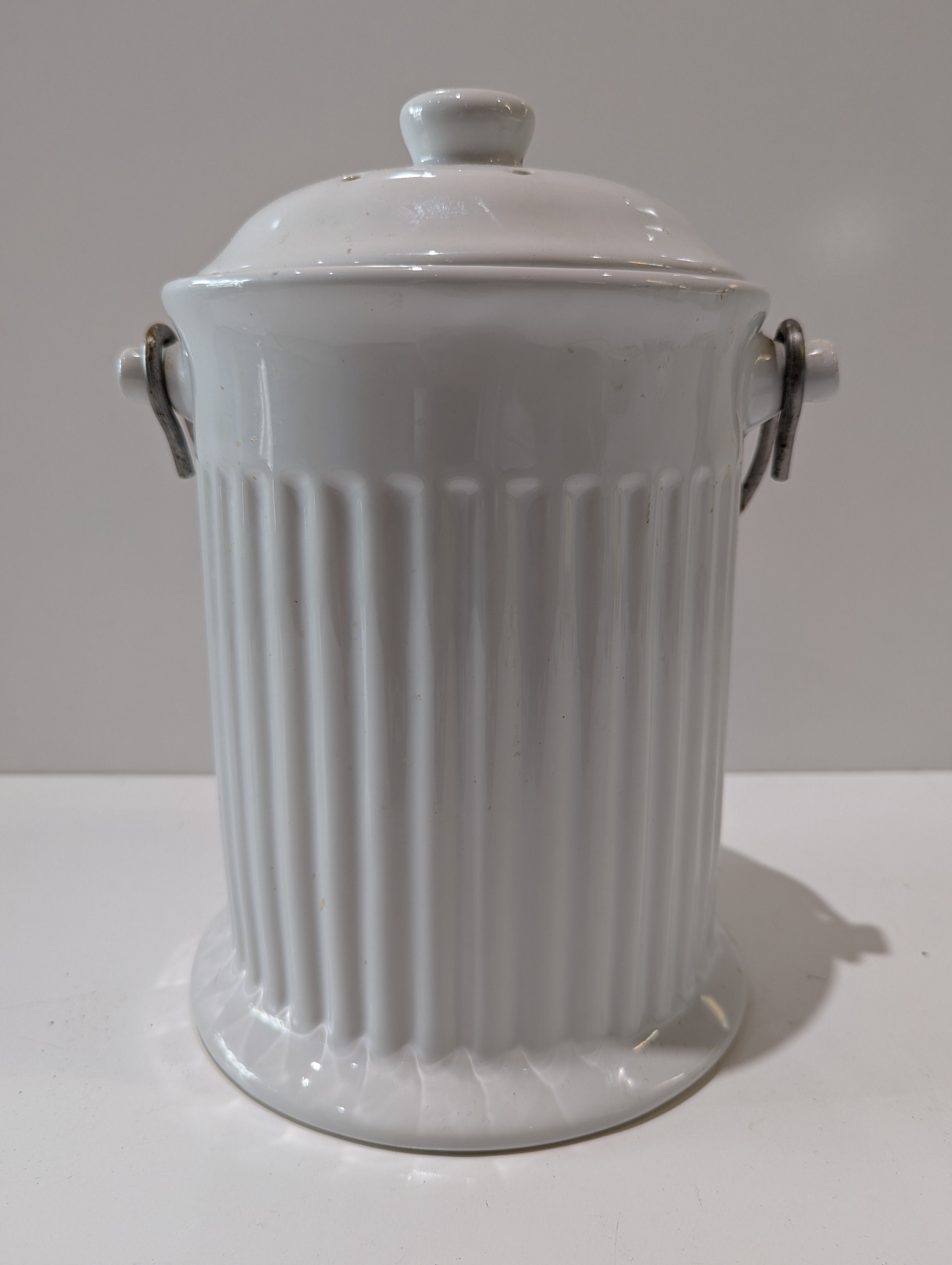 Vintage White Ceramic Kitchen Compost Waste Crock Canister With Lid & Metal Handle