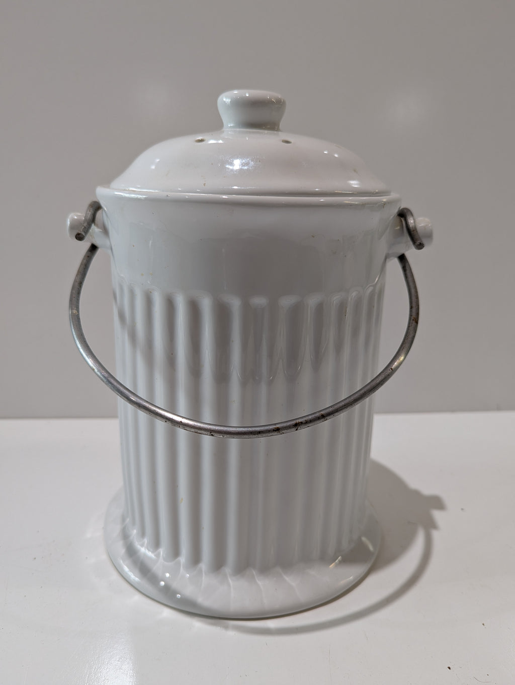 Vintage White Ceramic Kitchen Compost Waste Crock Canister With Lid & Metal Handle