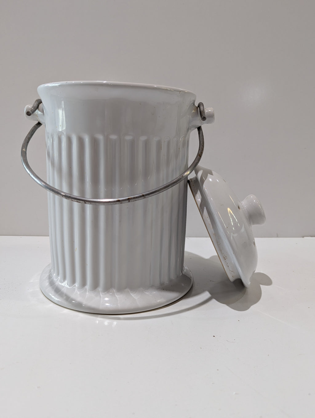 Vintage White Ceramic Kitchen Compost Waste Crock Canister With Lid & Metal Handle
