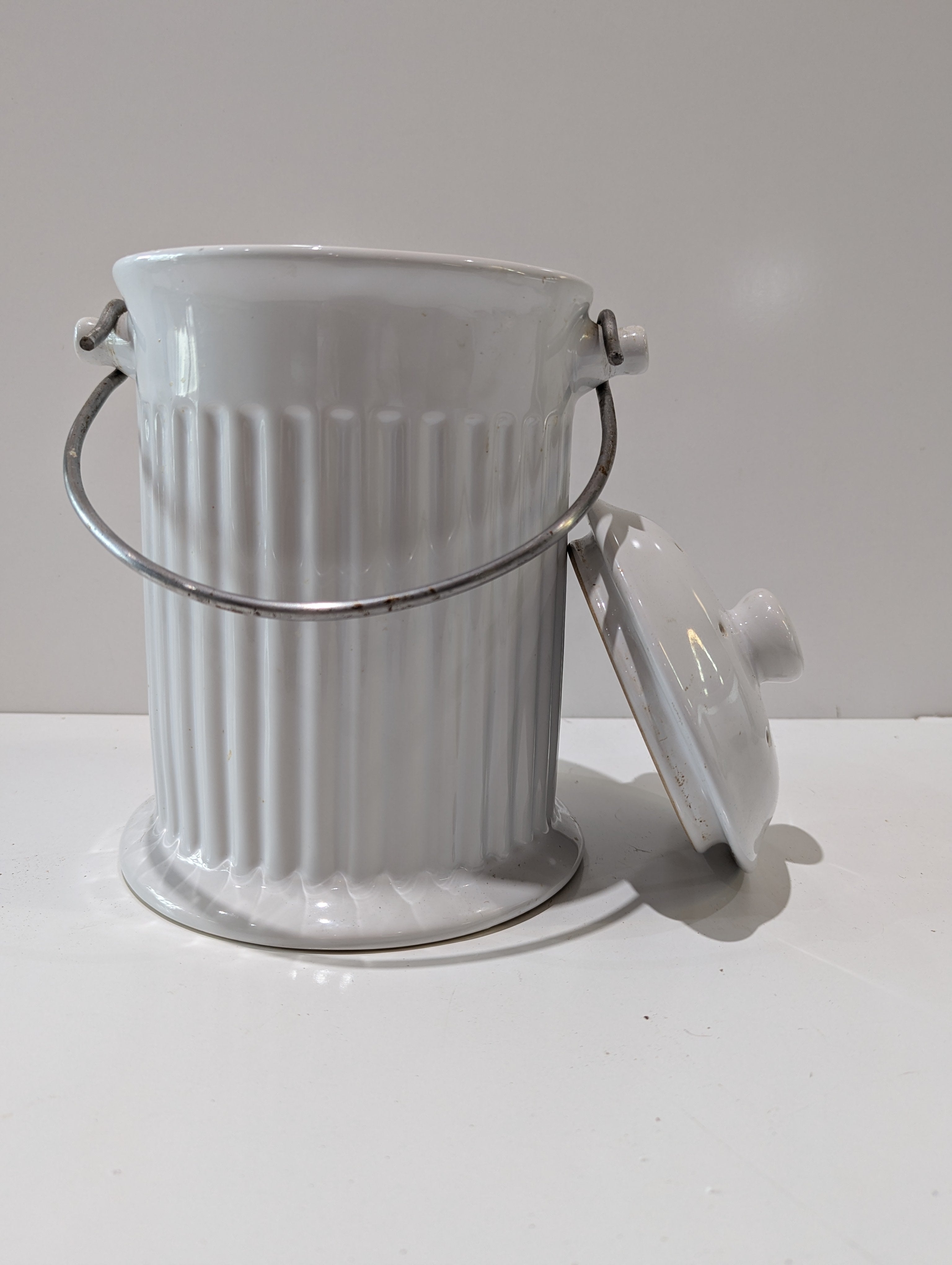 Vintage White Ceramic Kitchen Compost Waste Crock Canister With Lid & Metal Handle