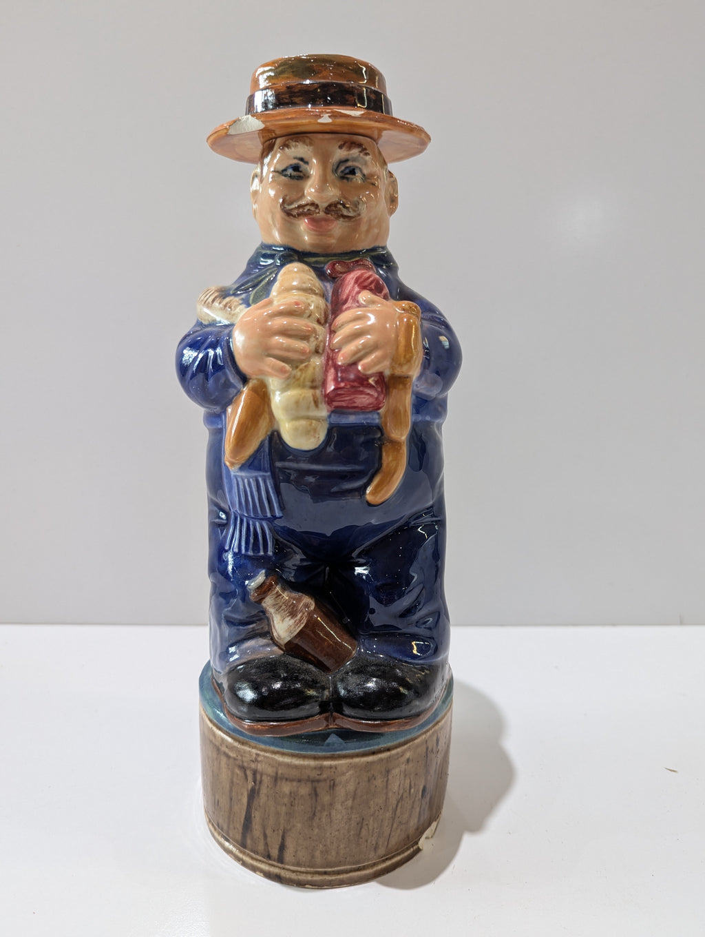 Vintage Ceramic Whiskey Jug Decanter Gentleman Holding Bread & Sausage Barware