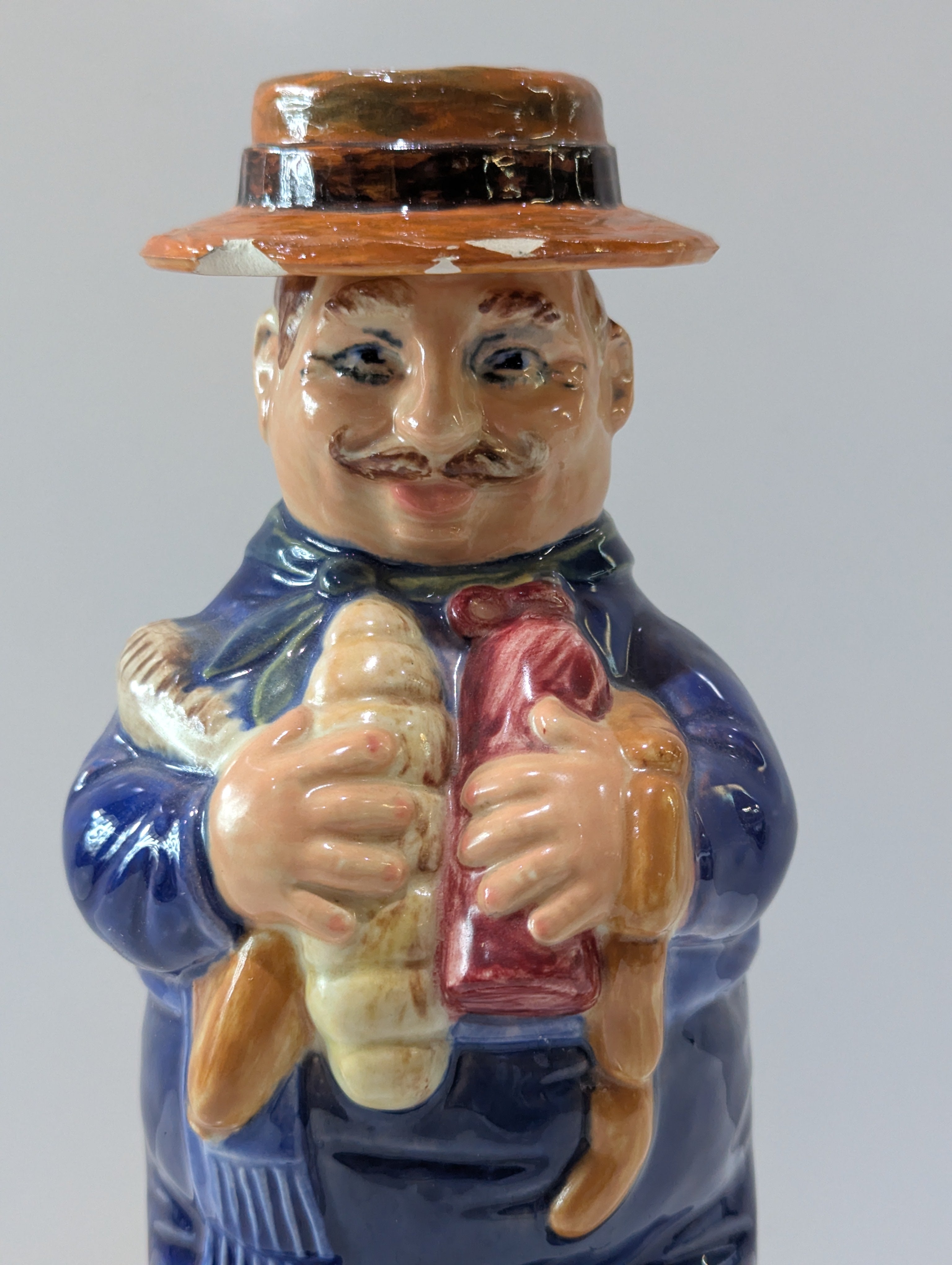 Vintage Ceramic Whiskey Jug Decanter Gentleman Holding Bread & Sausage Barware