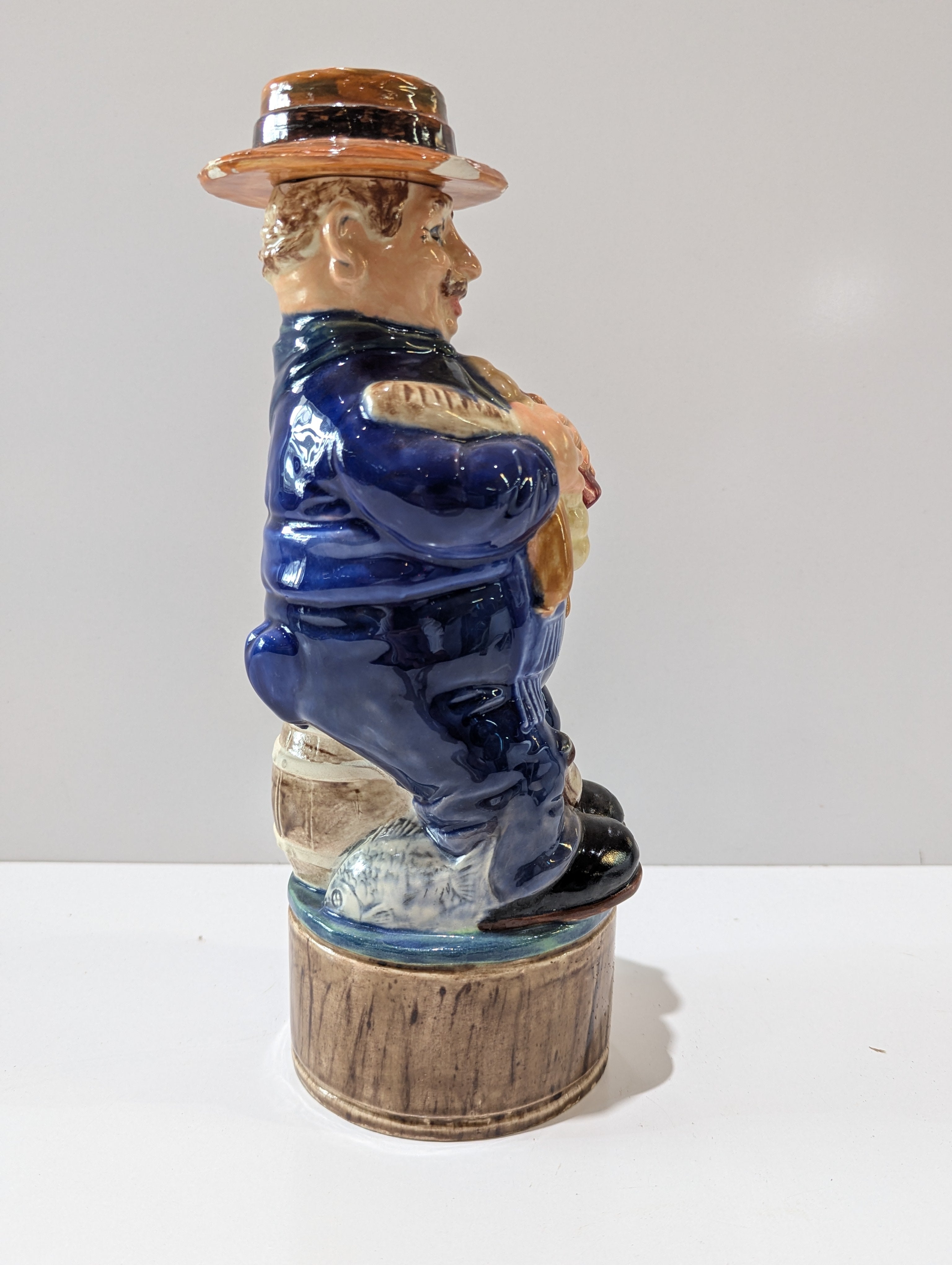 Vintage Ceramic Whiskey Jug Decanter Gentleman Holding Bread & Sausage Barware