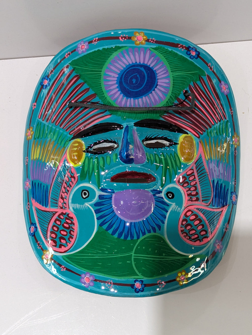 Hand Painted Talavera Style Ceramic Folk Art Wall Mask Face Hanging Decor Mexico