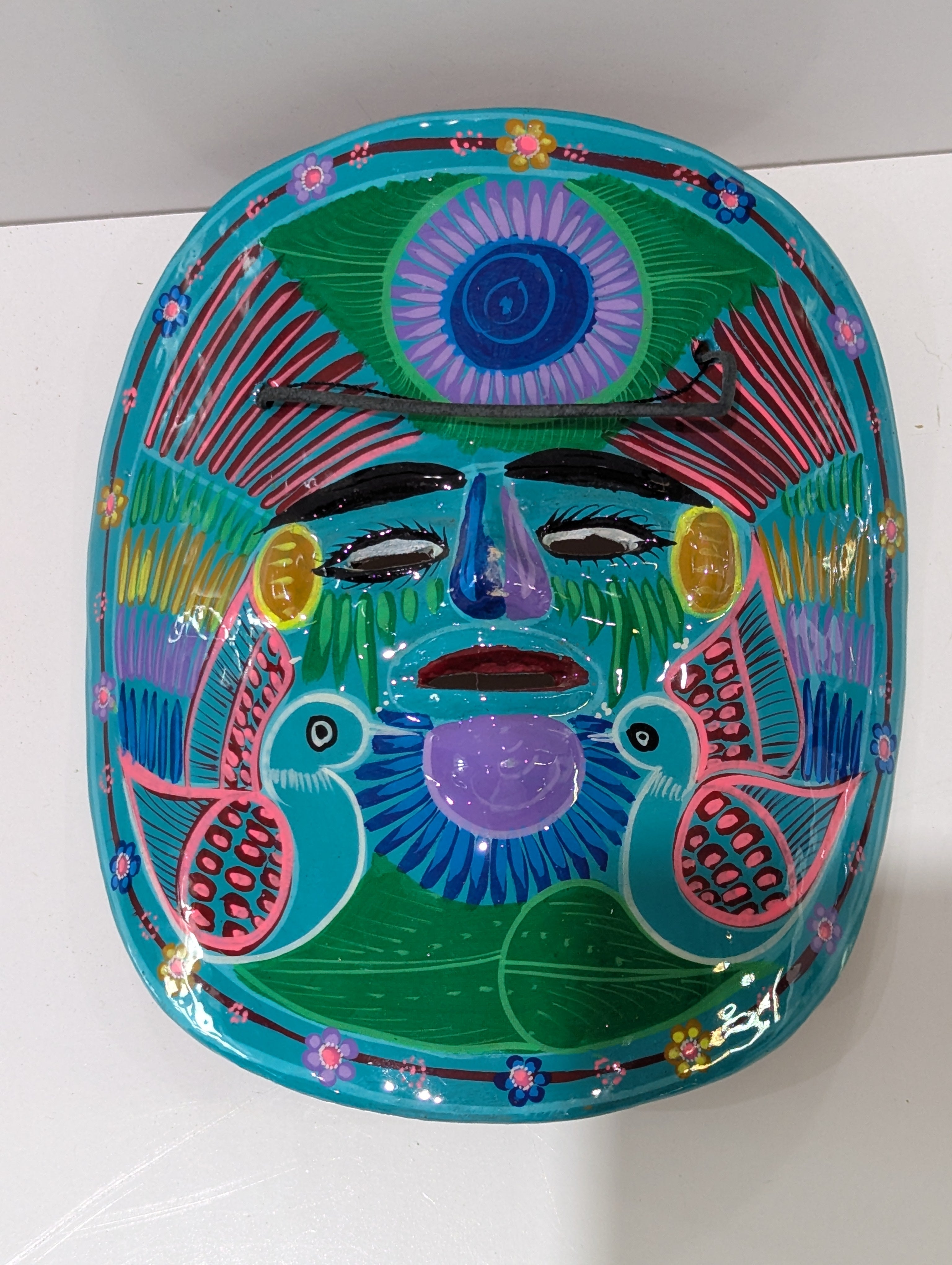Hand Painted Talavera Style Ceramic Folk Art Wall Mask Face Hanging Decor Mexico