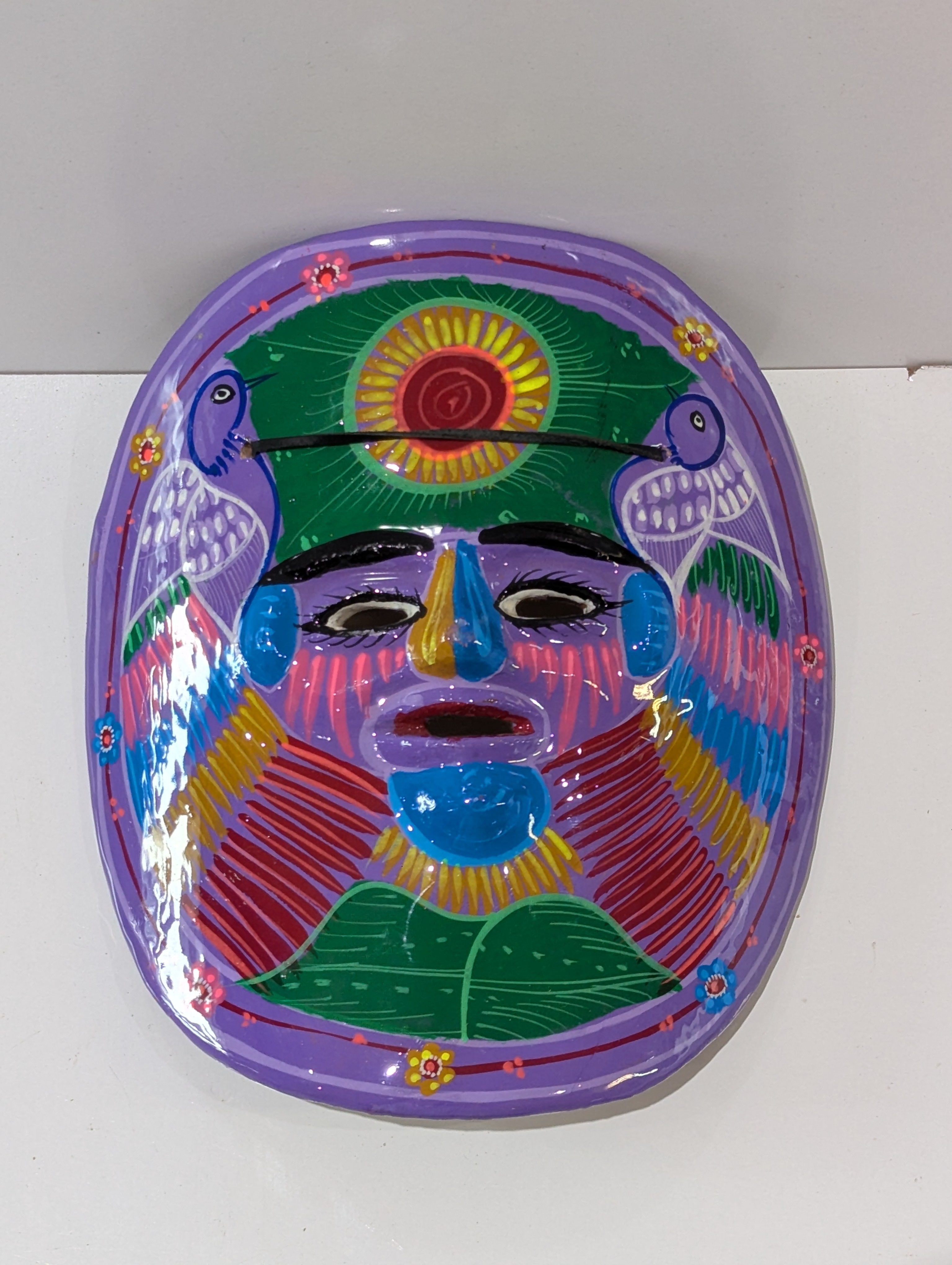 Vintage Hand Painted Guatemalan Ceramic Folk Art Wall Mask Colorful Mayan Face