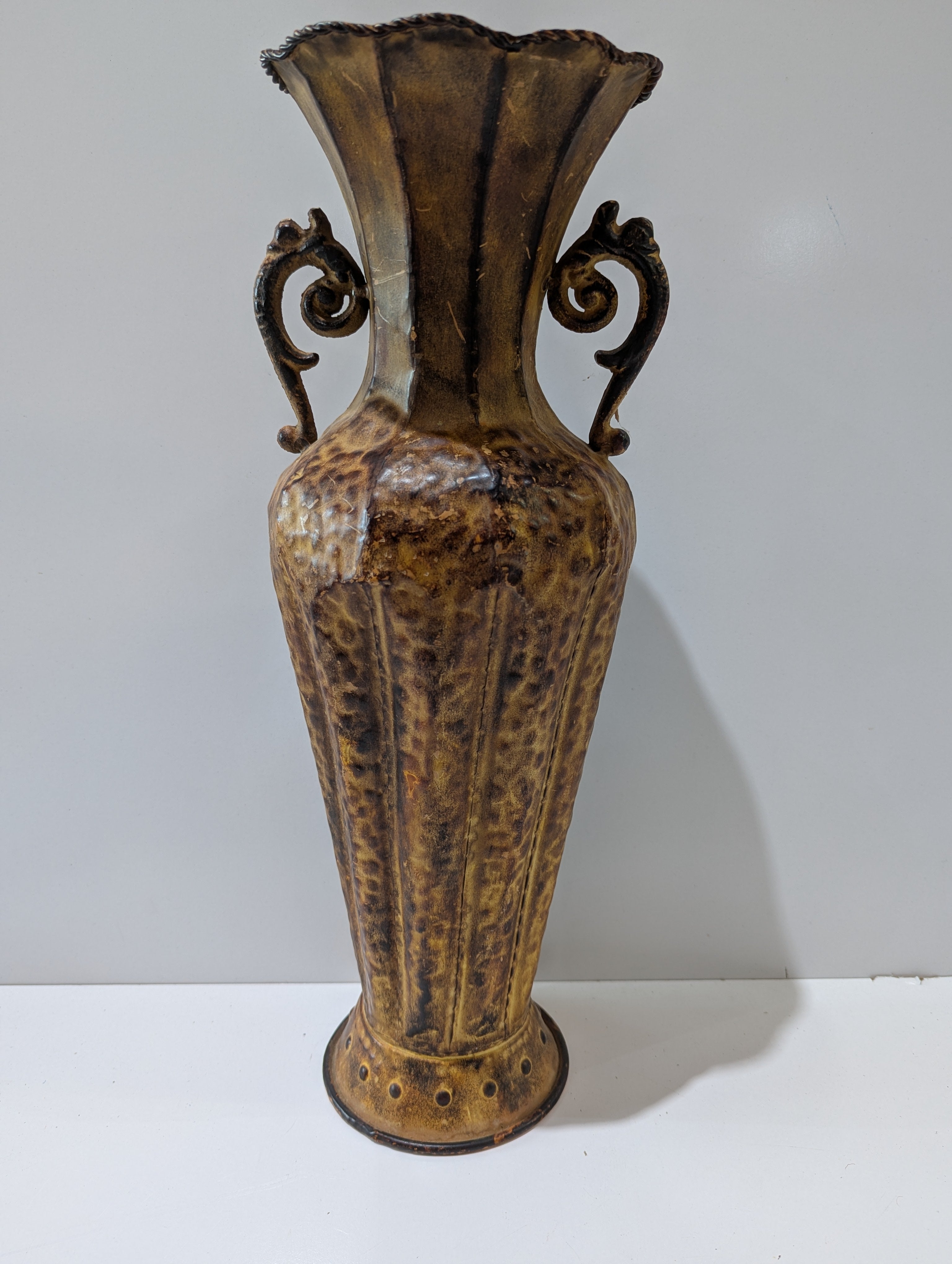 Vintage Large Art Pottery Floor Vase Brown Drip Glaze Double Scroll Handle Decor