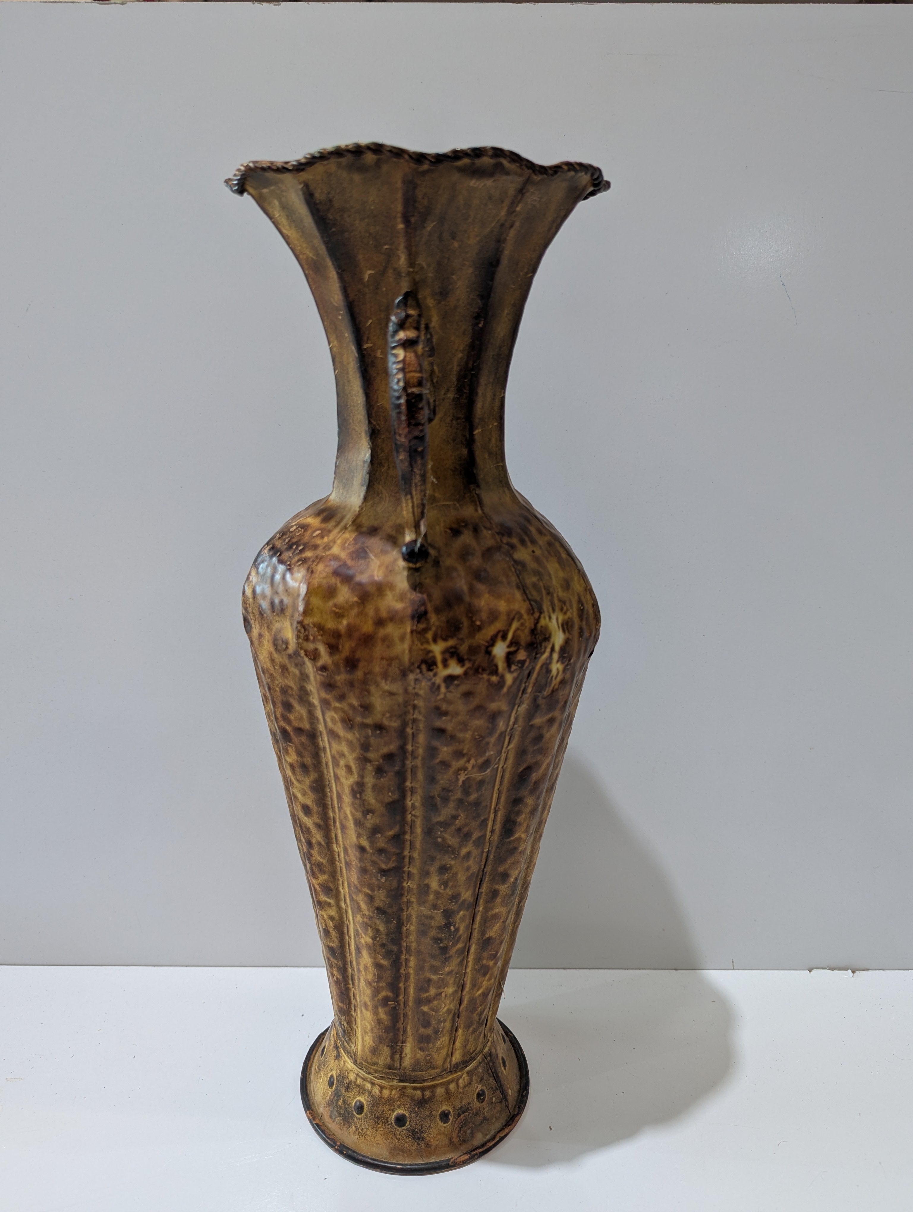 Vintage Large Art Pottery Floor Vase Brown Drip Glaze Double Scroll Handle Decor
