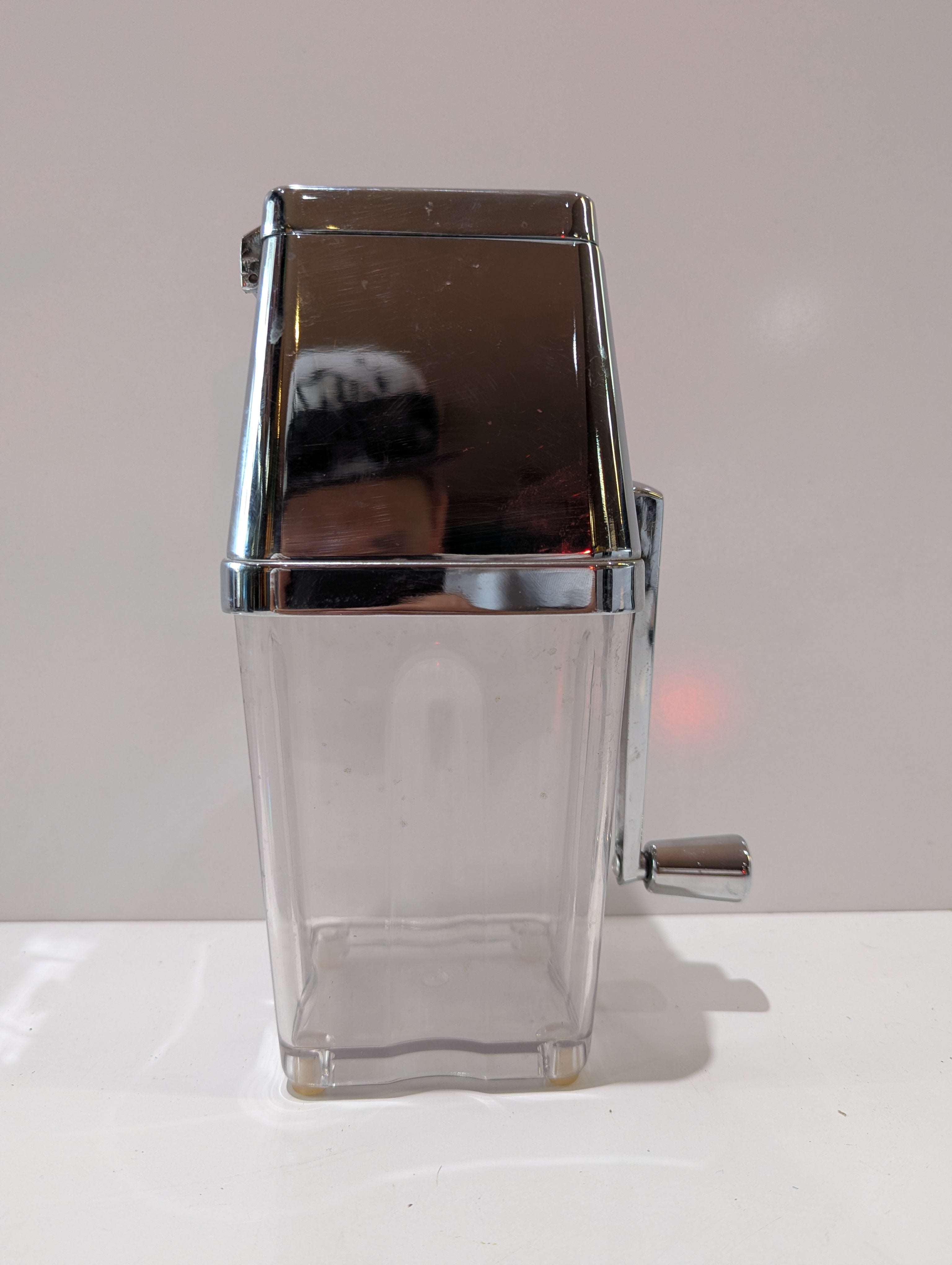 Vintage Metrokane Hand Crank Ice Crusher Chrome Clear Acrylic Bar Kitchen Tool