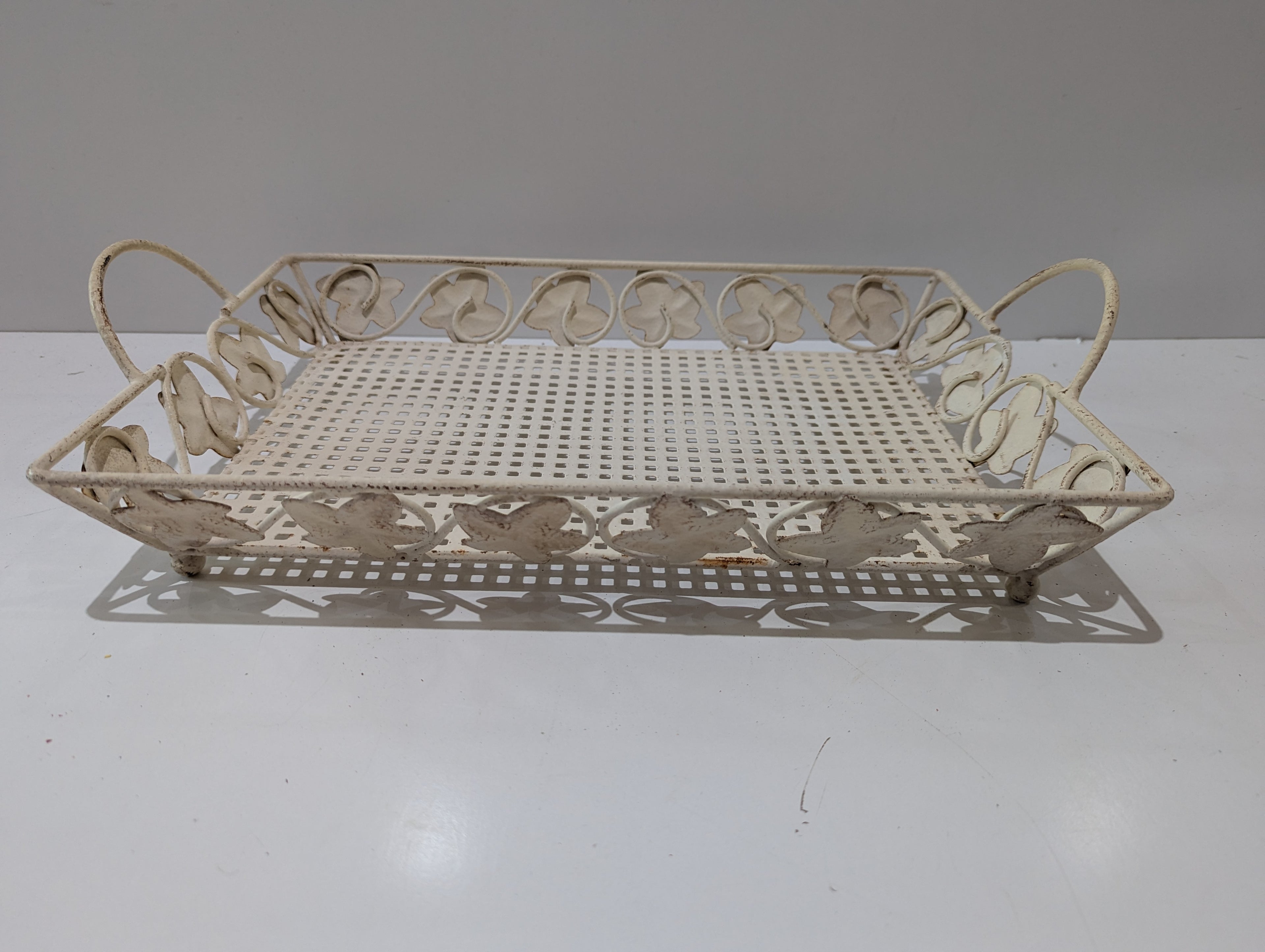 Vintage White Wrought Iron Scrollwork Serving Tray Decorative Vanity Organizer