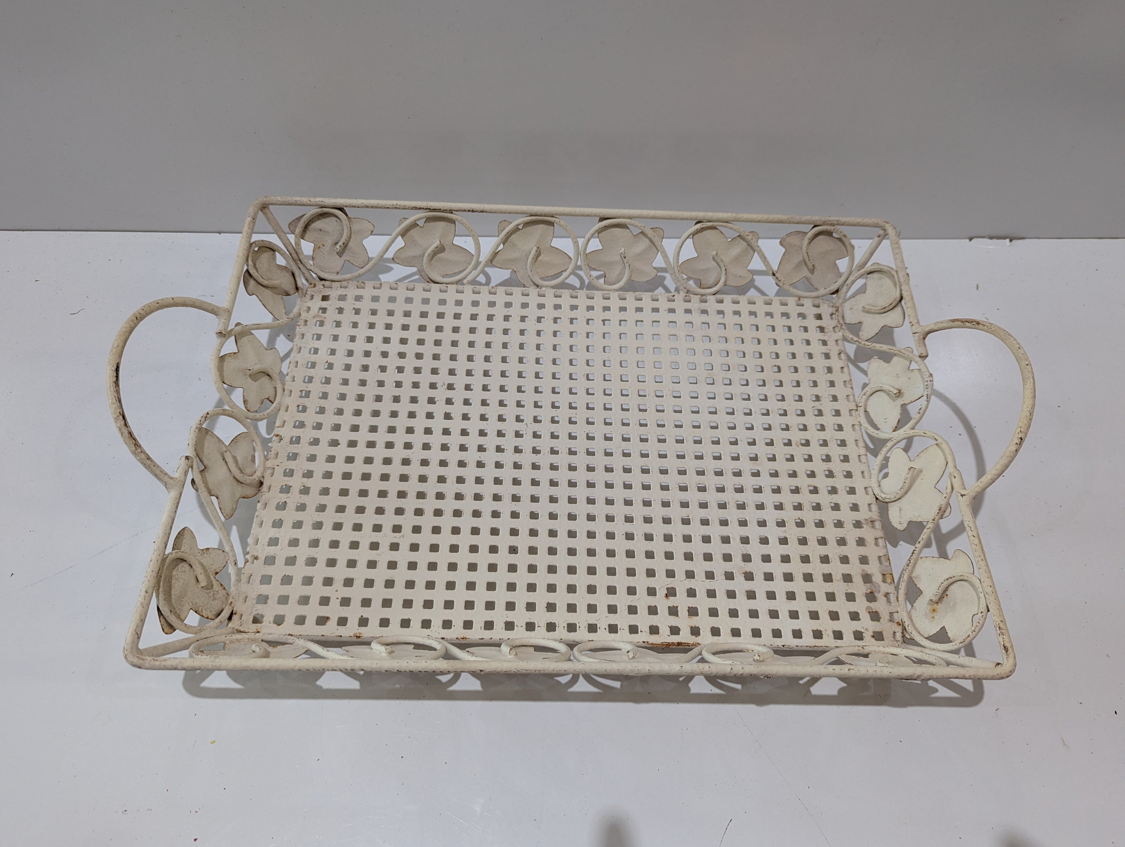 Vintage White Wrought Iron Scrollwork Serving Tray Decorative Vanity Organizer