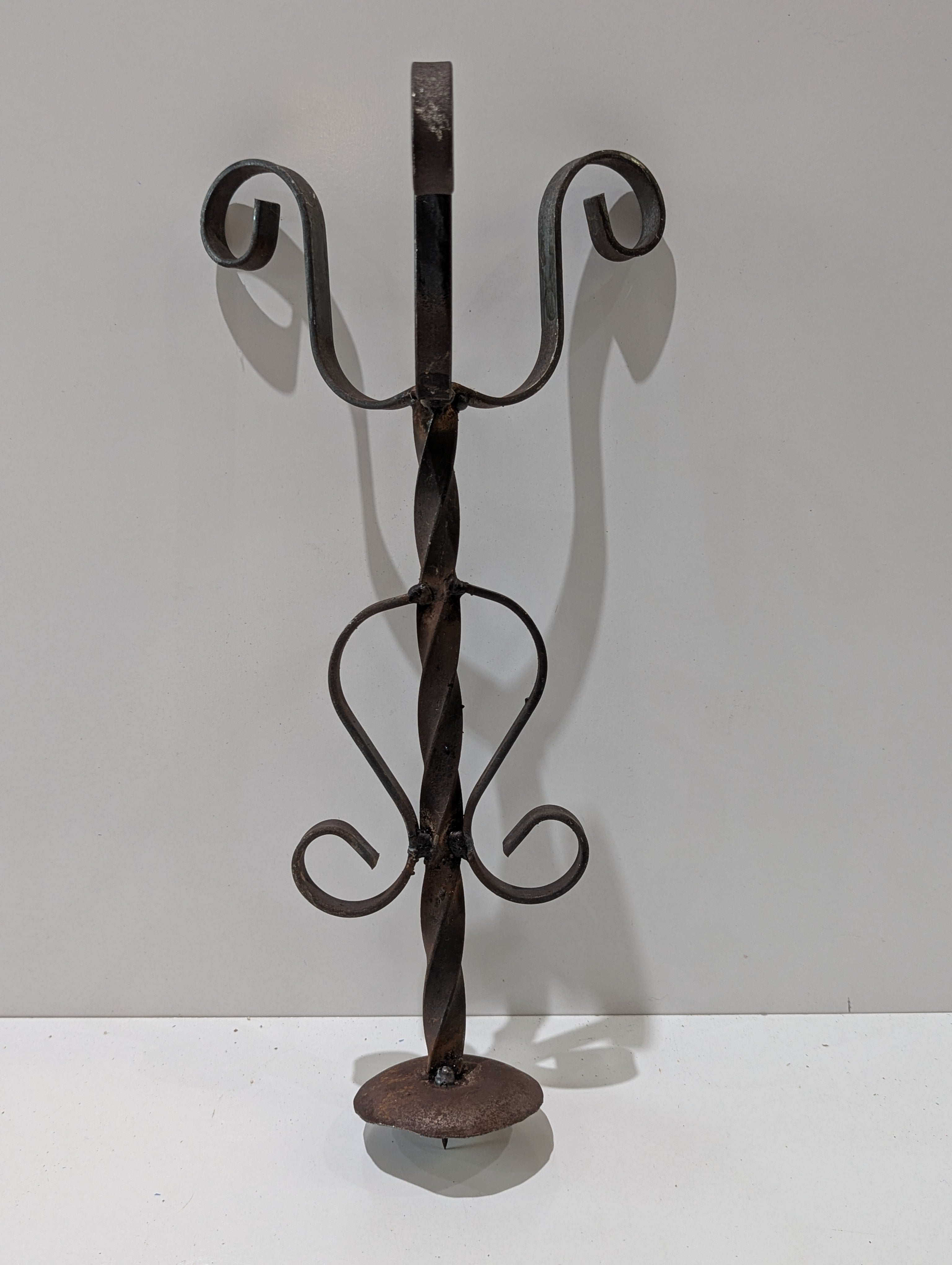 Vintage Hand Forged Wrought Iron Garden Candle Holder Stake Scrollwork Decor
