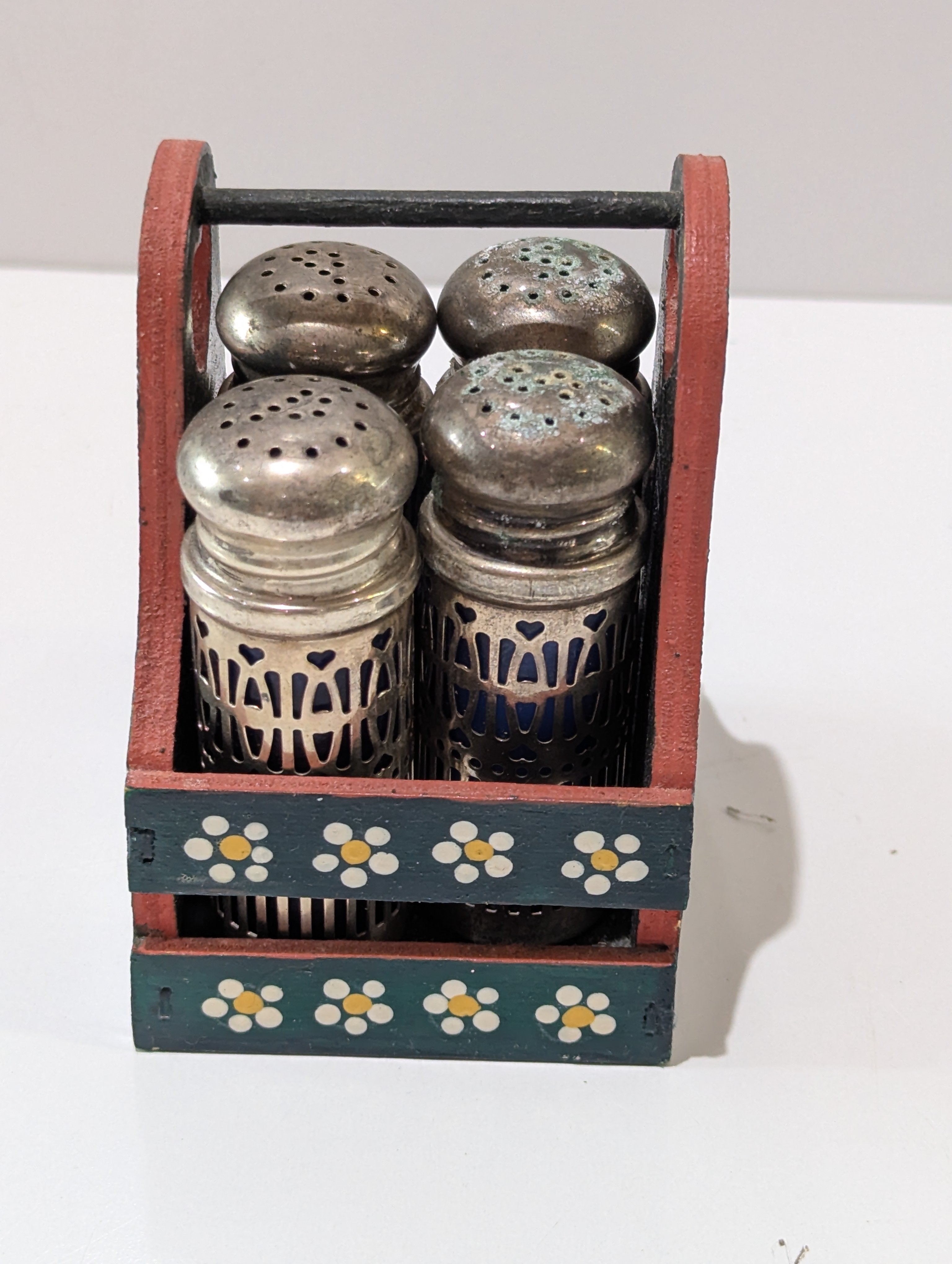 Vintage Hand Painted Wooden Salt Pepper Shaker Caddy Set Floral Metal Holders