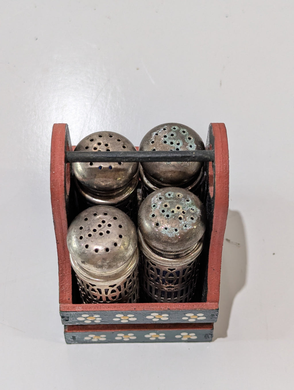 Vintage Hand Painted Wooden Salt Pepper Shaker Caddy Set Floral Metal Holders