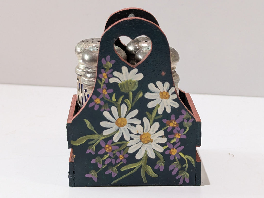 Vintage Hand Painted Wooden Salt Pepper Shaker Caddy Set Floral Metal Holders
