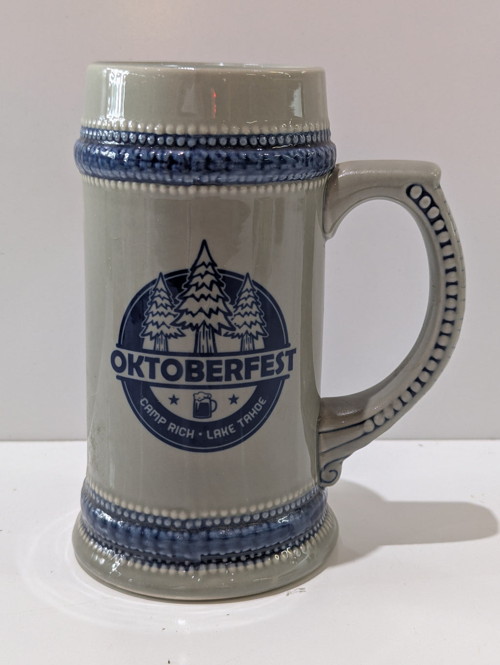 Oktoberfest Camp Rich Lake Tahoe Ceramic Beer Stein Blue Gray German Style Mug
