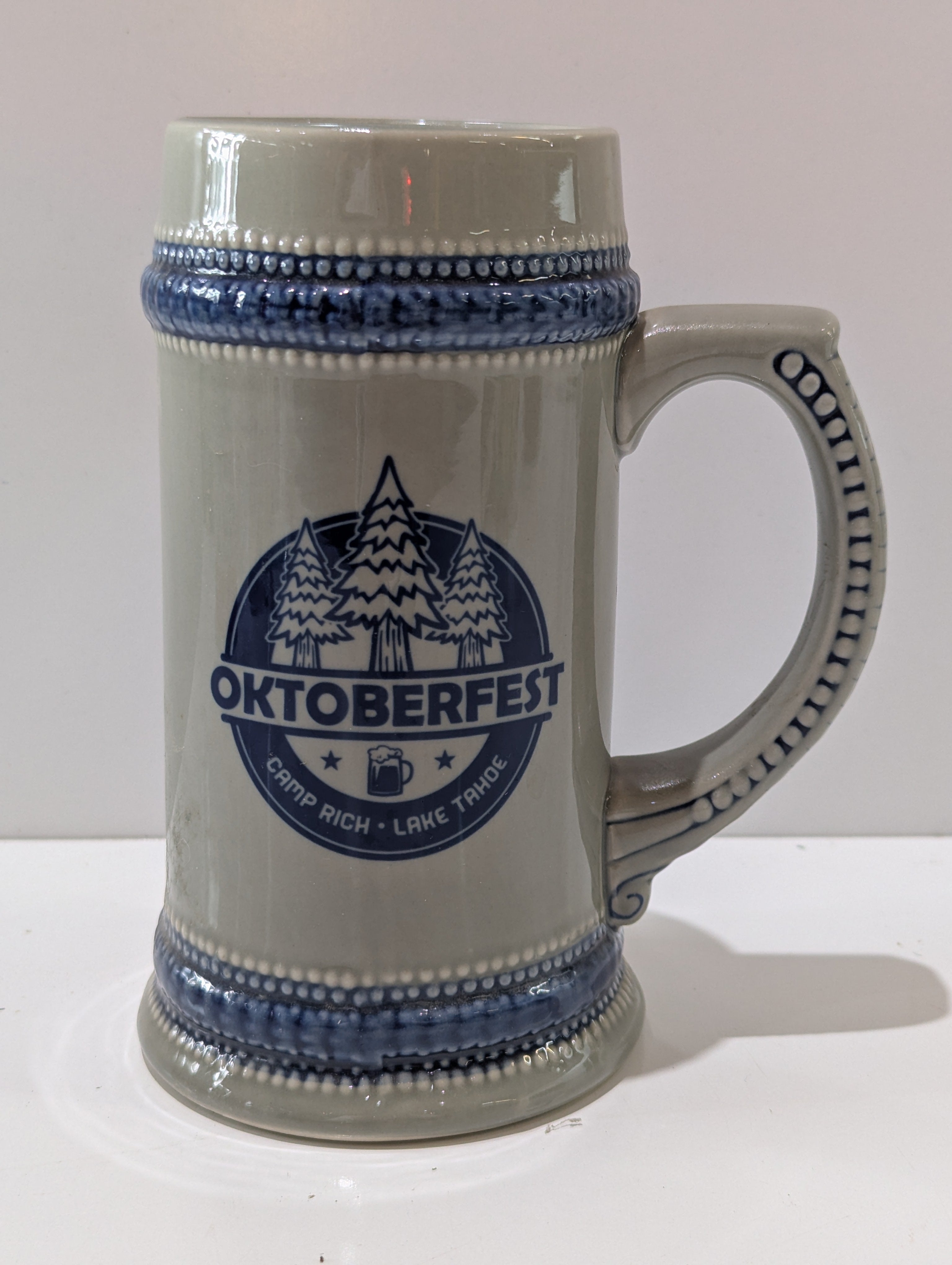 Oktoberfest Camp Rich Lake Tahoe Ceramic Beer Stein Blue Gray German Style Mug