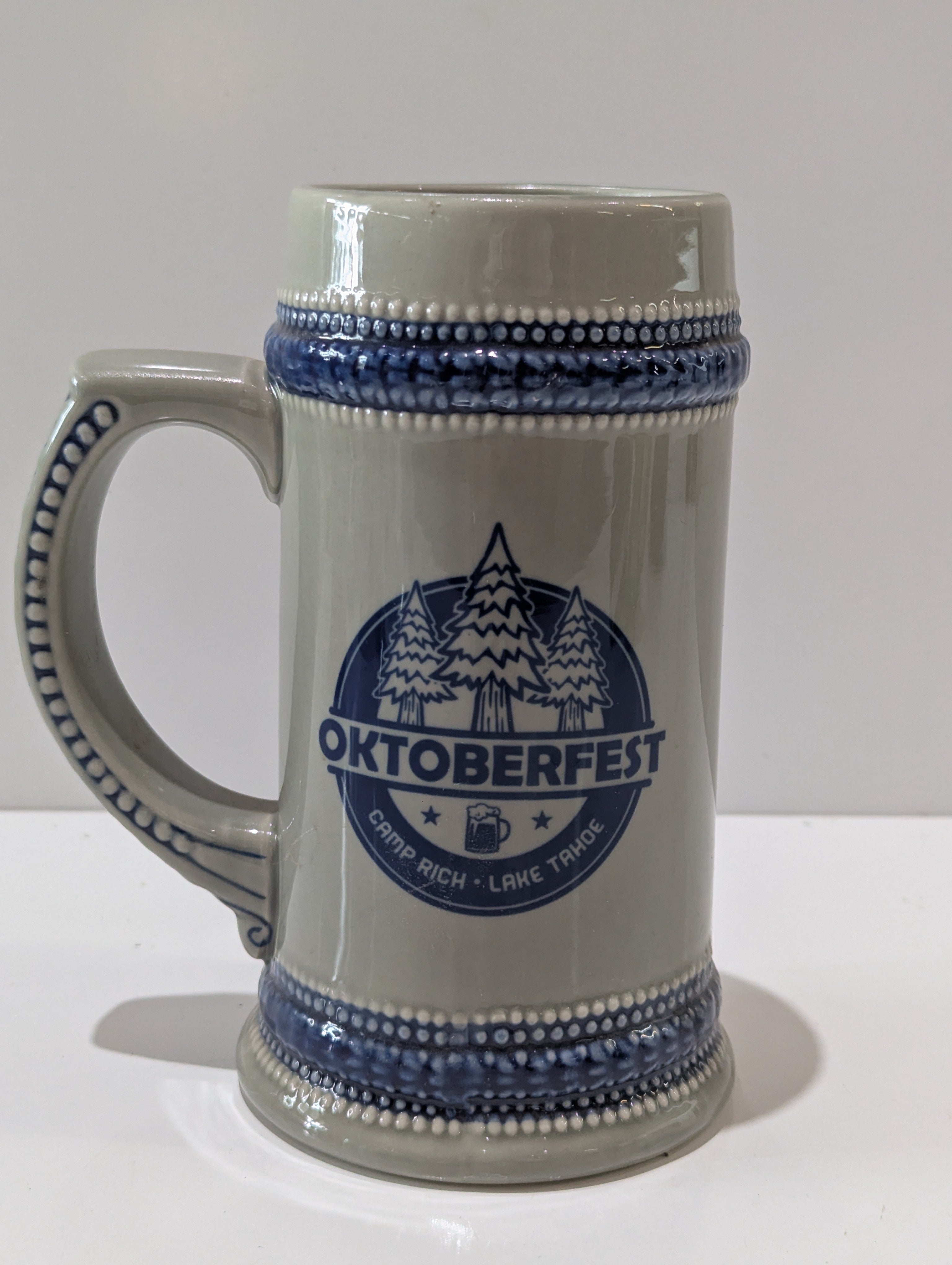 Oktoberfest Camp Rich Lake Tahoe Ceramic Beer Stein Blue Gray German Style Mug