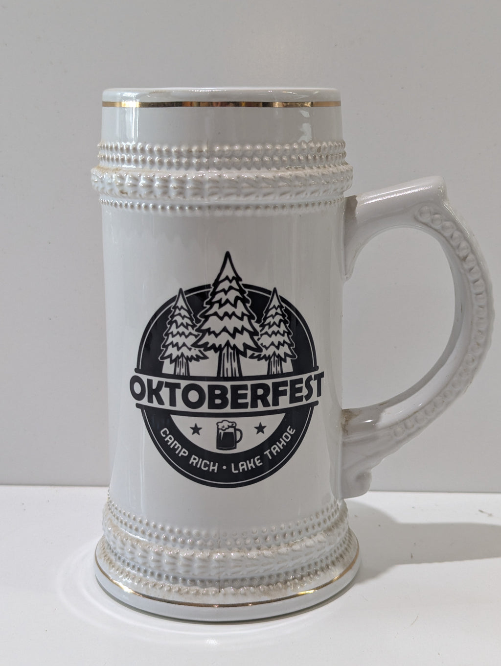Vintage Camp Rich Lake Tahoe Oktoberfest Ceramic Beer Stein Mug White Gold Trim
