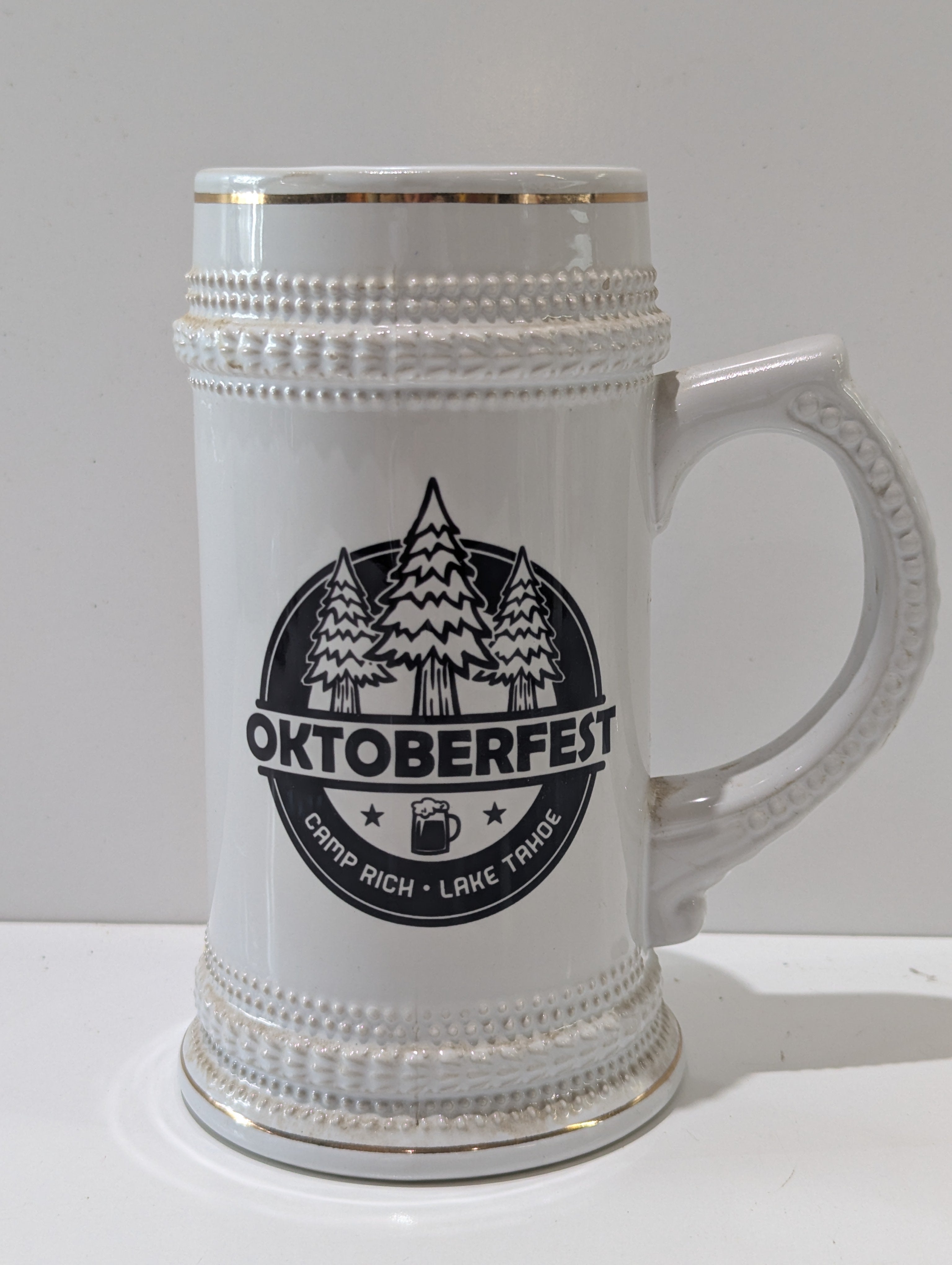 Vintage Camp Rich Lake Tahoe Oktoberfest Ceramic Beer Stein Mug White Gold Trim