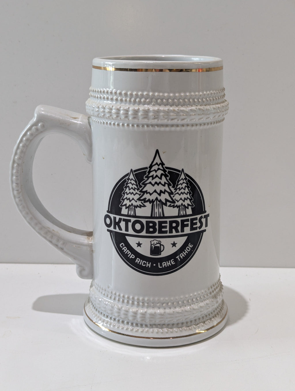 Vintage Camp Rich Lake Tahoe Oktoberfest Ceramic Beer Stein Mug White Gold Trim