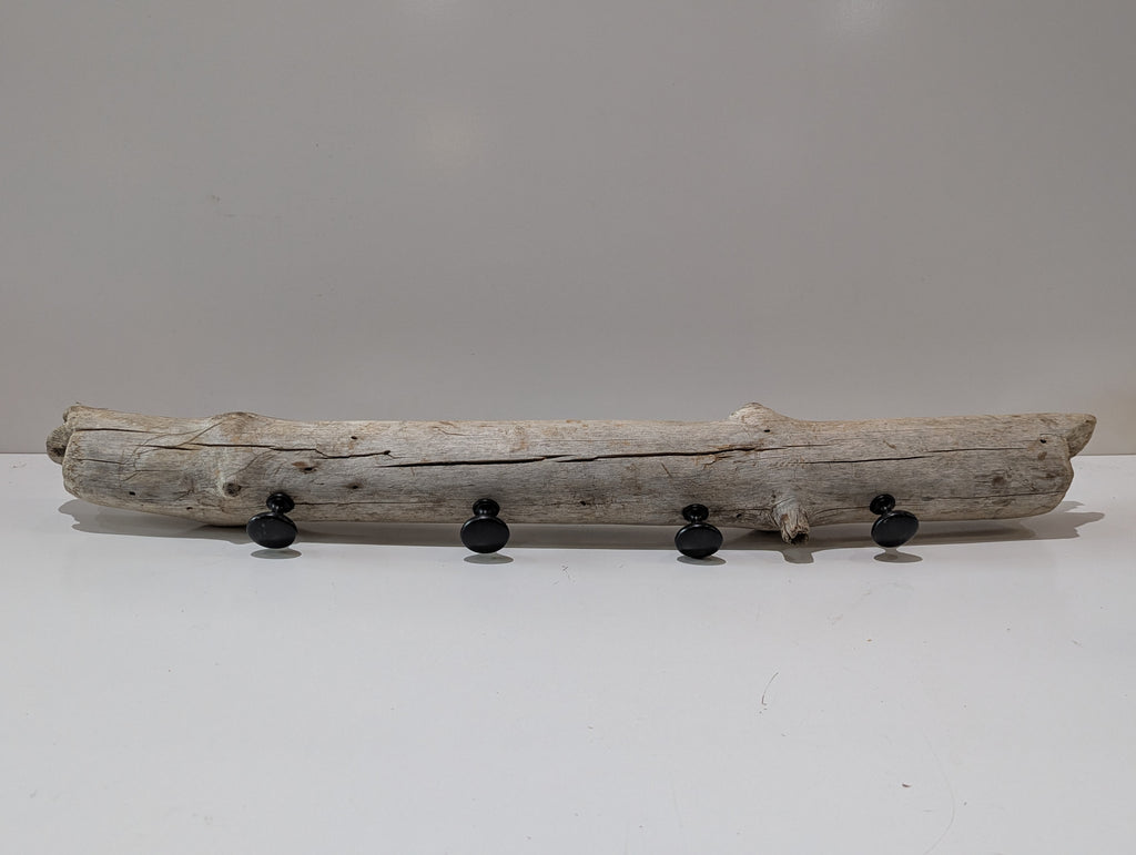 Rustic Driftwood Wall Coat Rack With 4 Black Hooks Handmade Natural Wood Decor