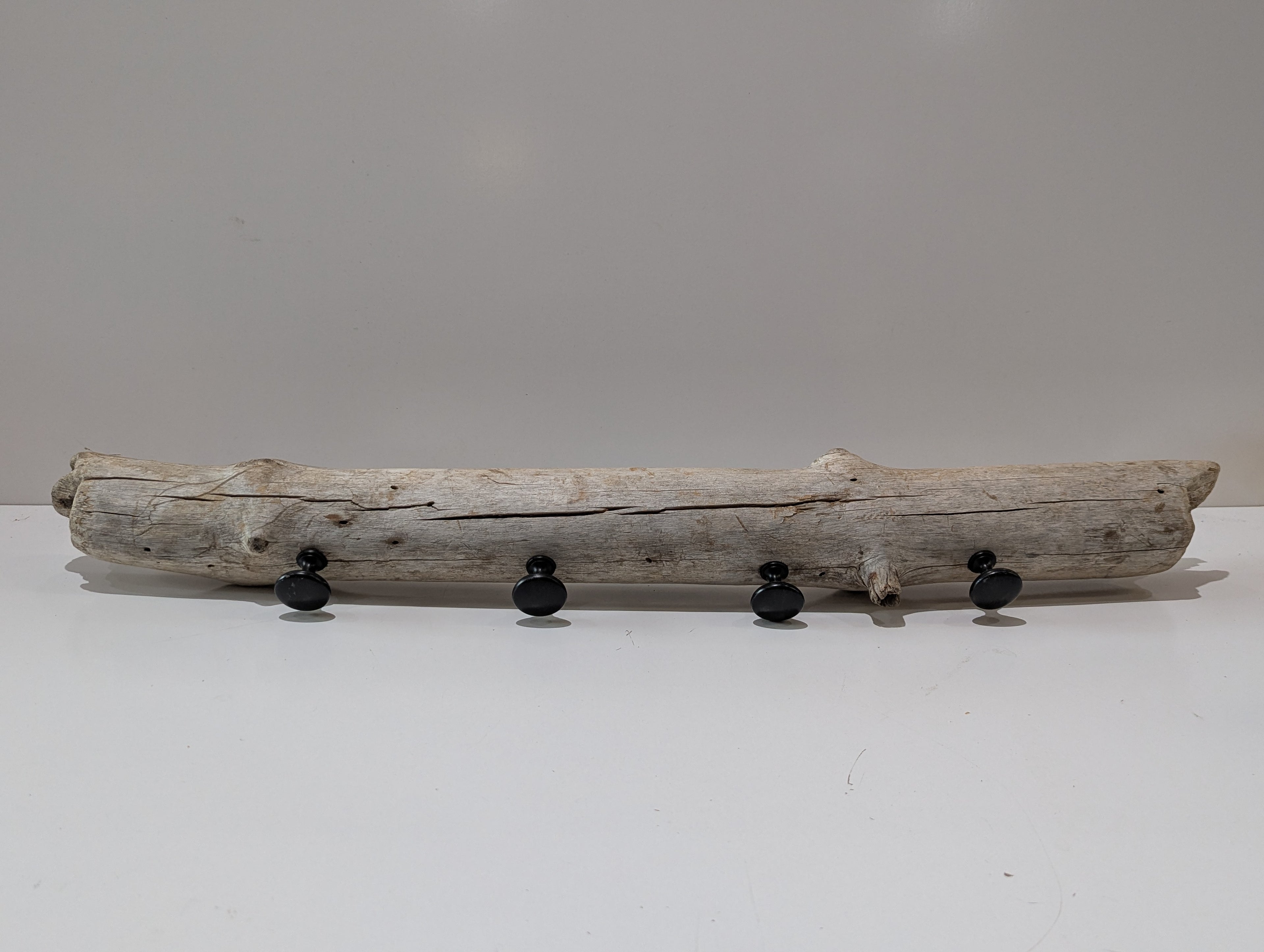 Rustic Driftwood Wall Coat Rack With 4 Black Hooks Handmade Natural Wood Decor