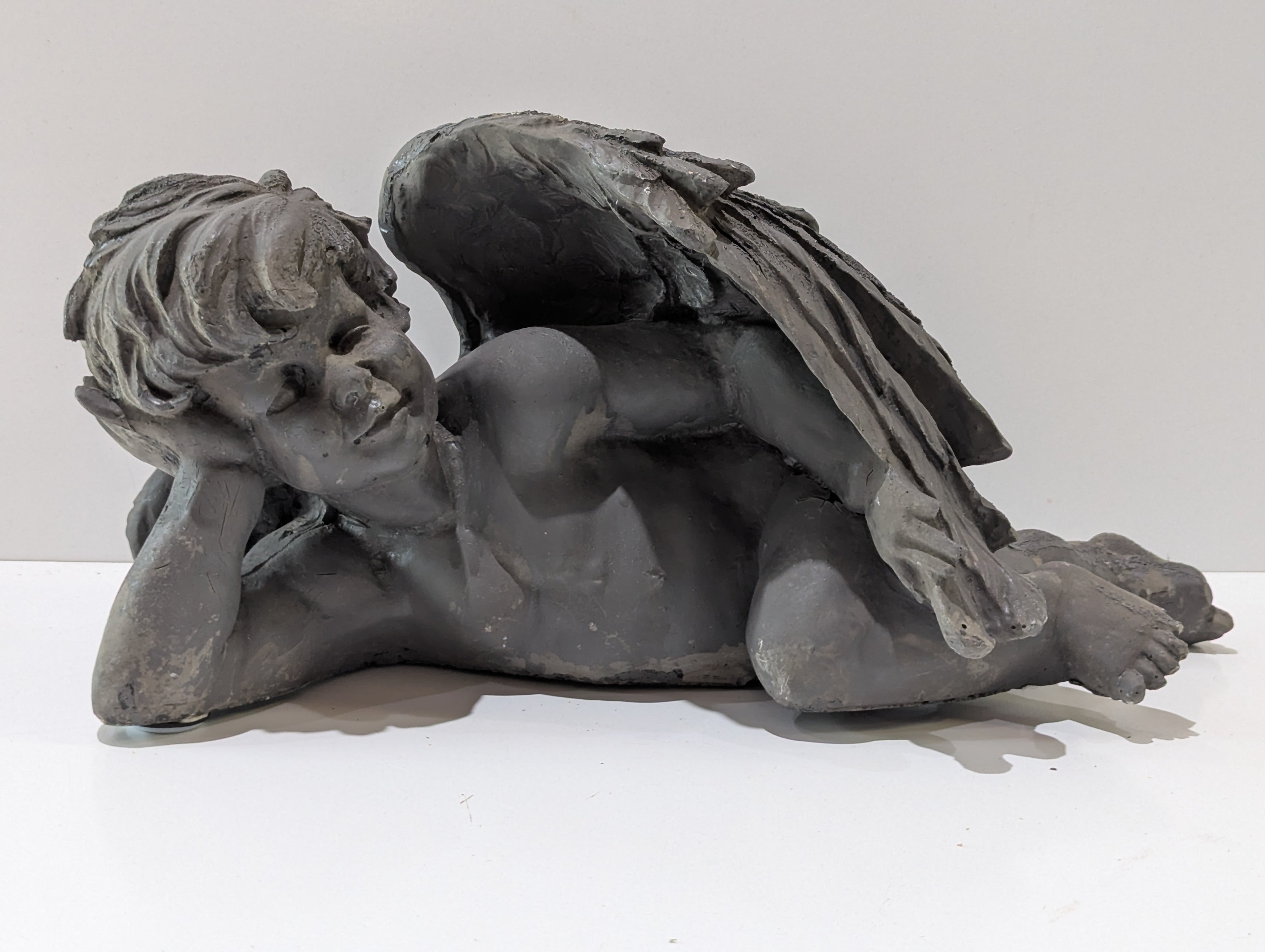 Vintage Reclining Cherub Angel Resin Garden Statue Weathered Gray Outdoor Decor