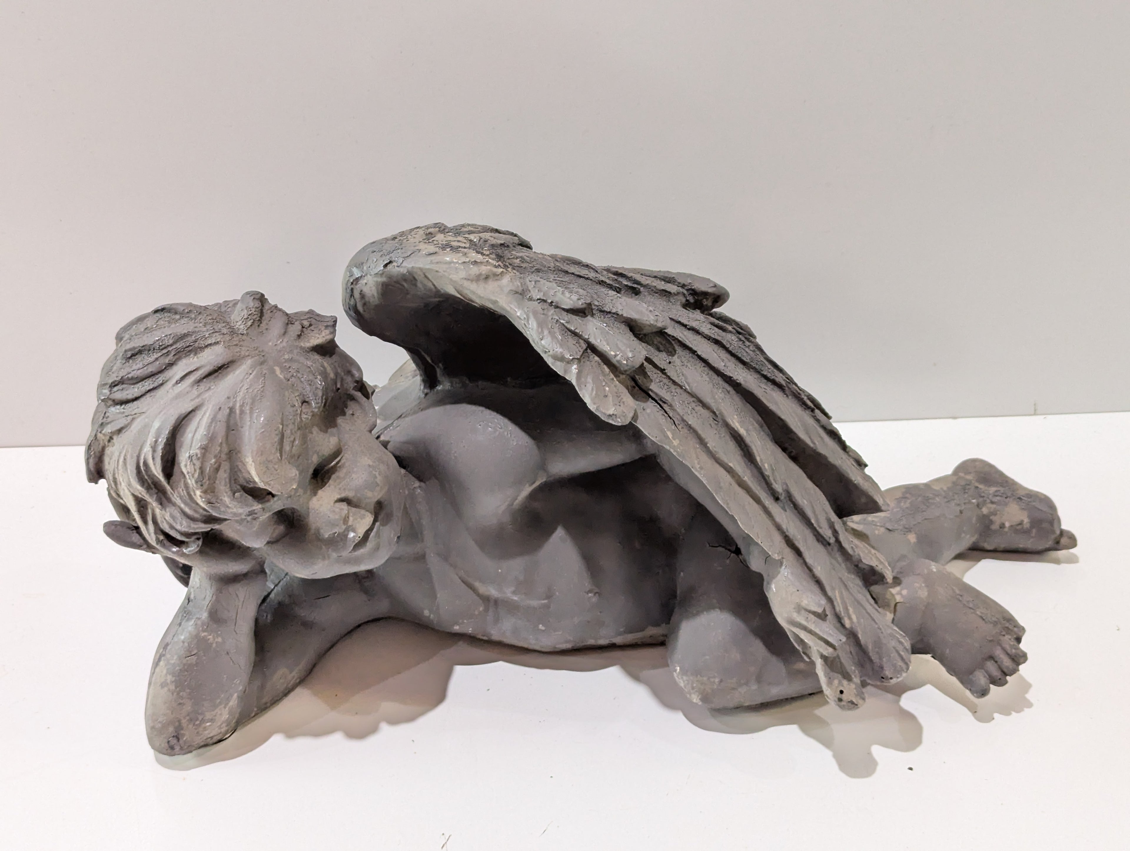 Vintage Reclining Cherub Angel Resin Garden Statue Weathered Gray Outdoor Decor