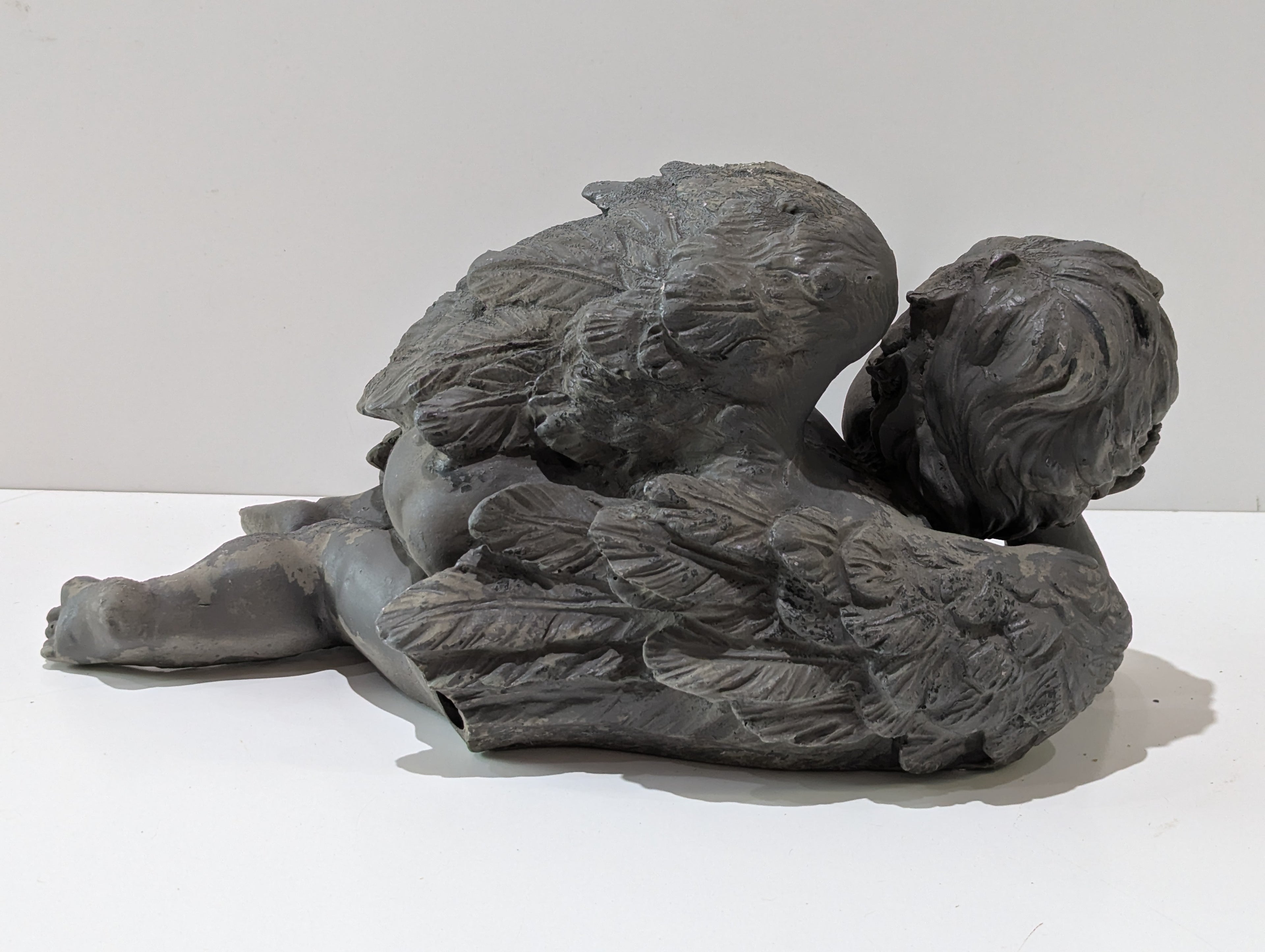 Vintage Reclining Cherub Angel Resin Garden Statue Weathered Gray Outdoor Decor