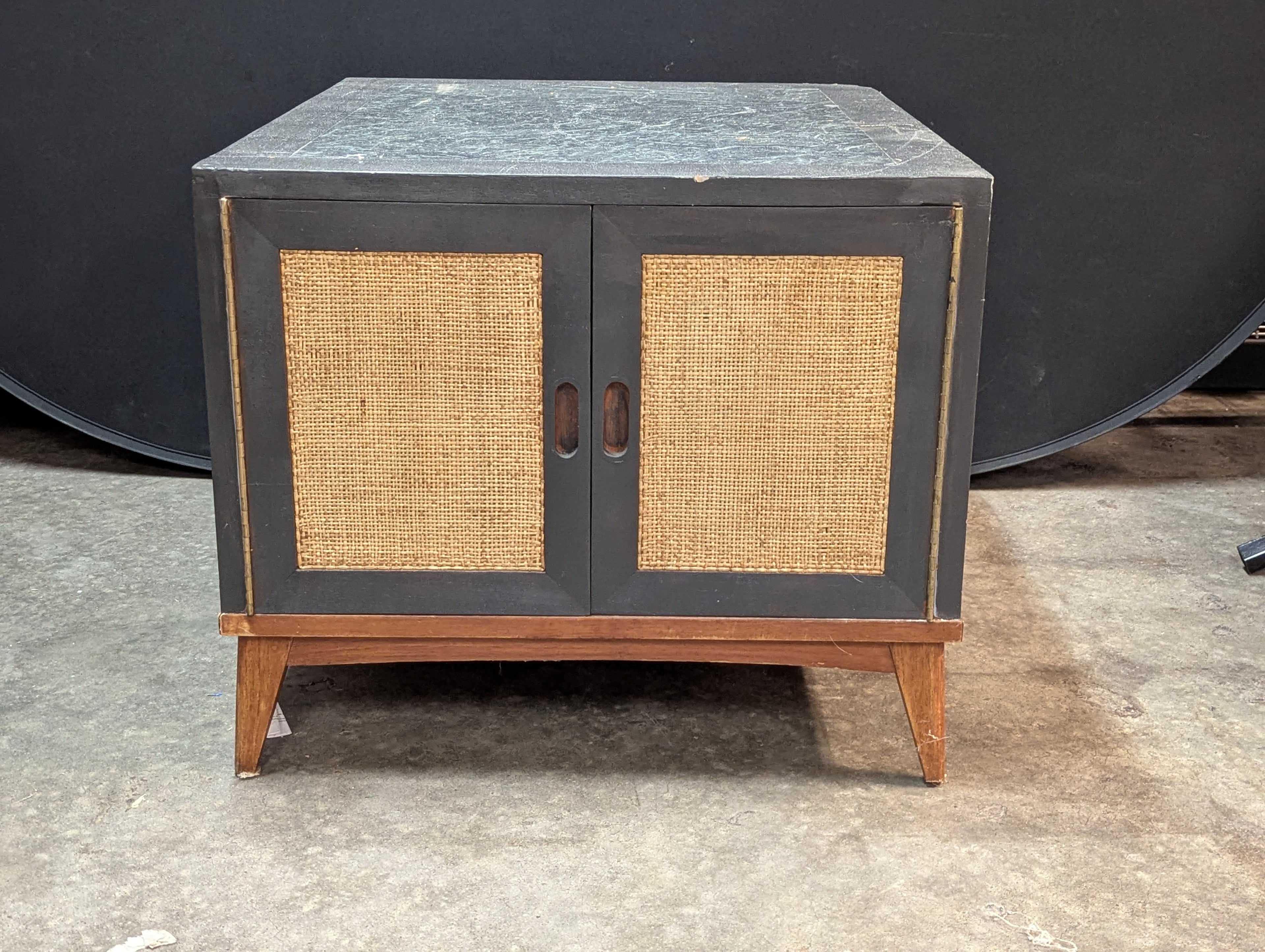 Vintage Mid Century Modern Cane Door Accent Storage Cabinet Side Table Black Wood