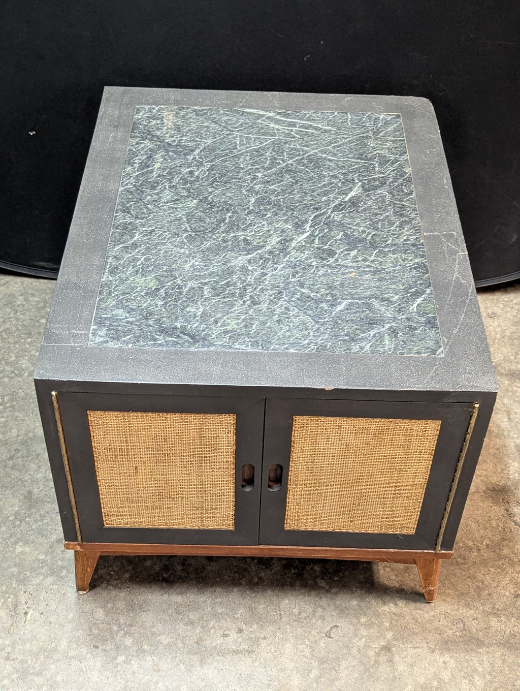 Vintage Mid Century Modern Cane Door Accent Storage Cabinet Side Table Black Wood