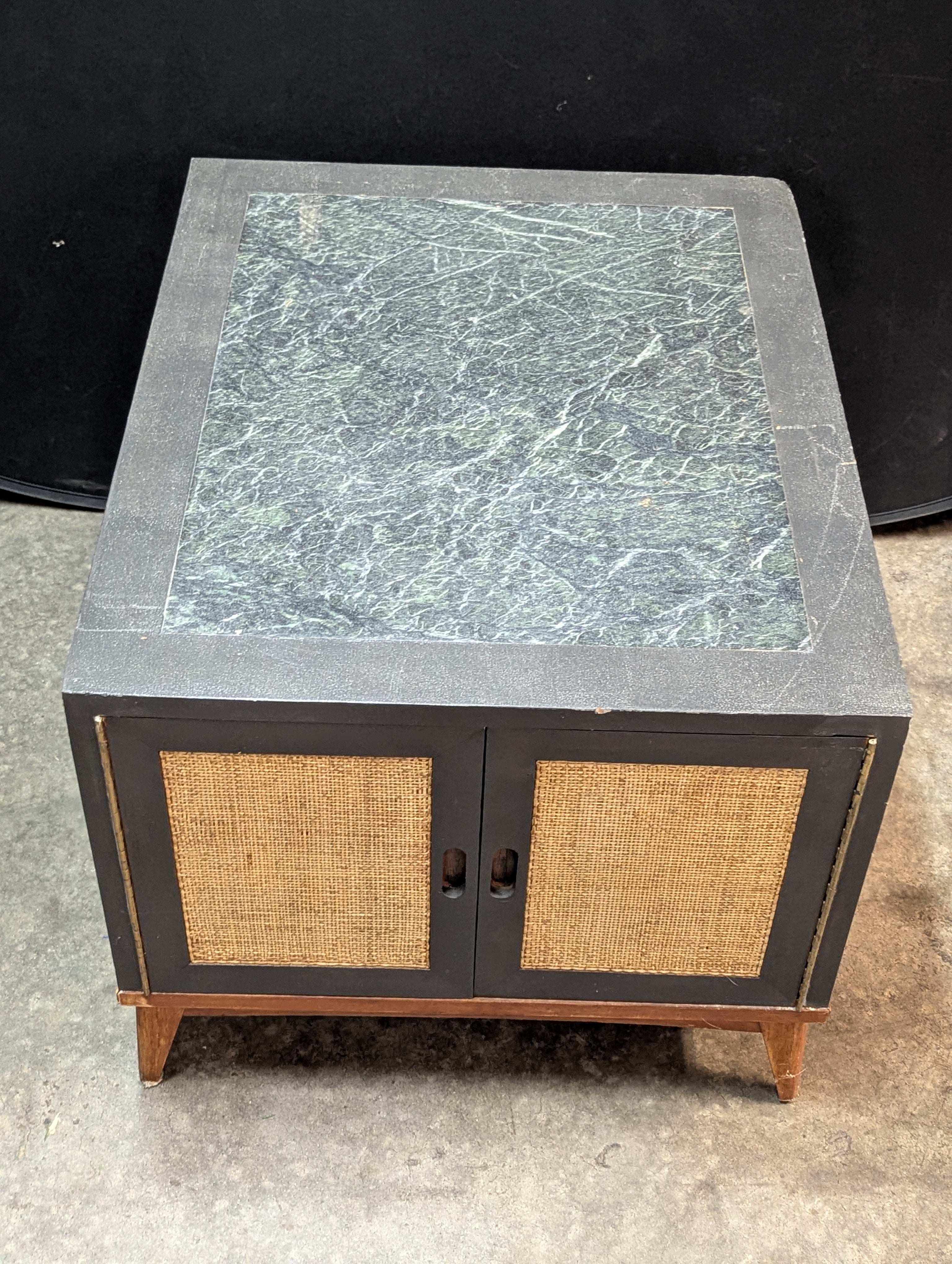 Vintage Mid Century Modern Cane Door Accent Storage Cabinet Side Table Black Wood