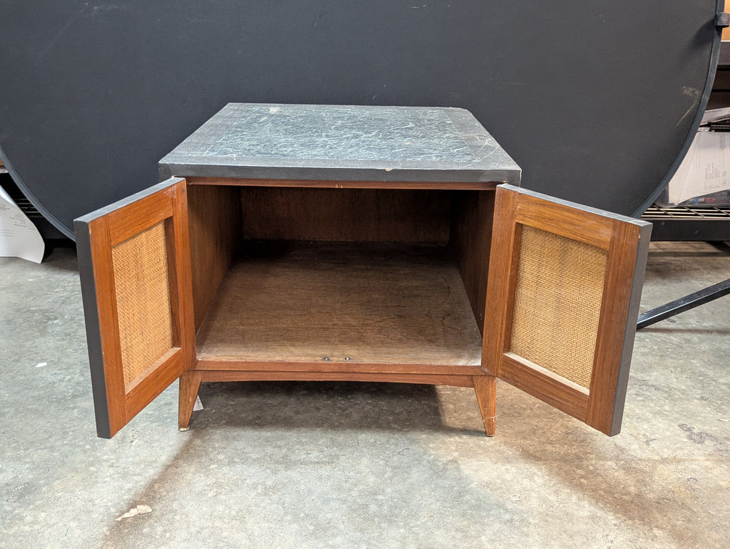 Vintage Mid Century Modern Cane Door Accent Storage Cabinet Side Table Black Wood