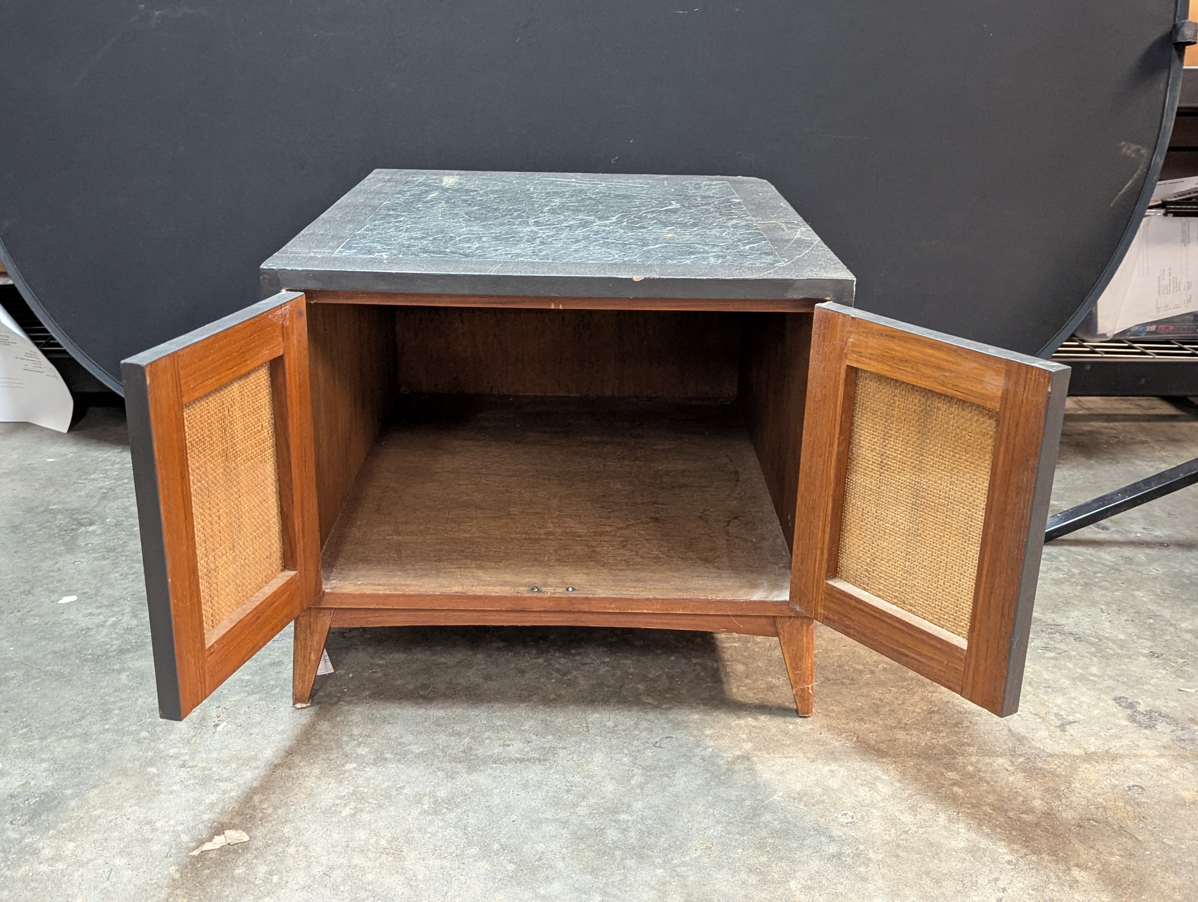 Vintage Mid Century Modern Cane Door Accent Storage Cabinet Side Table Black Wood