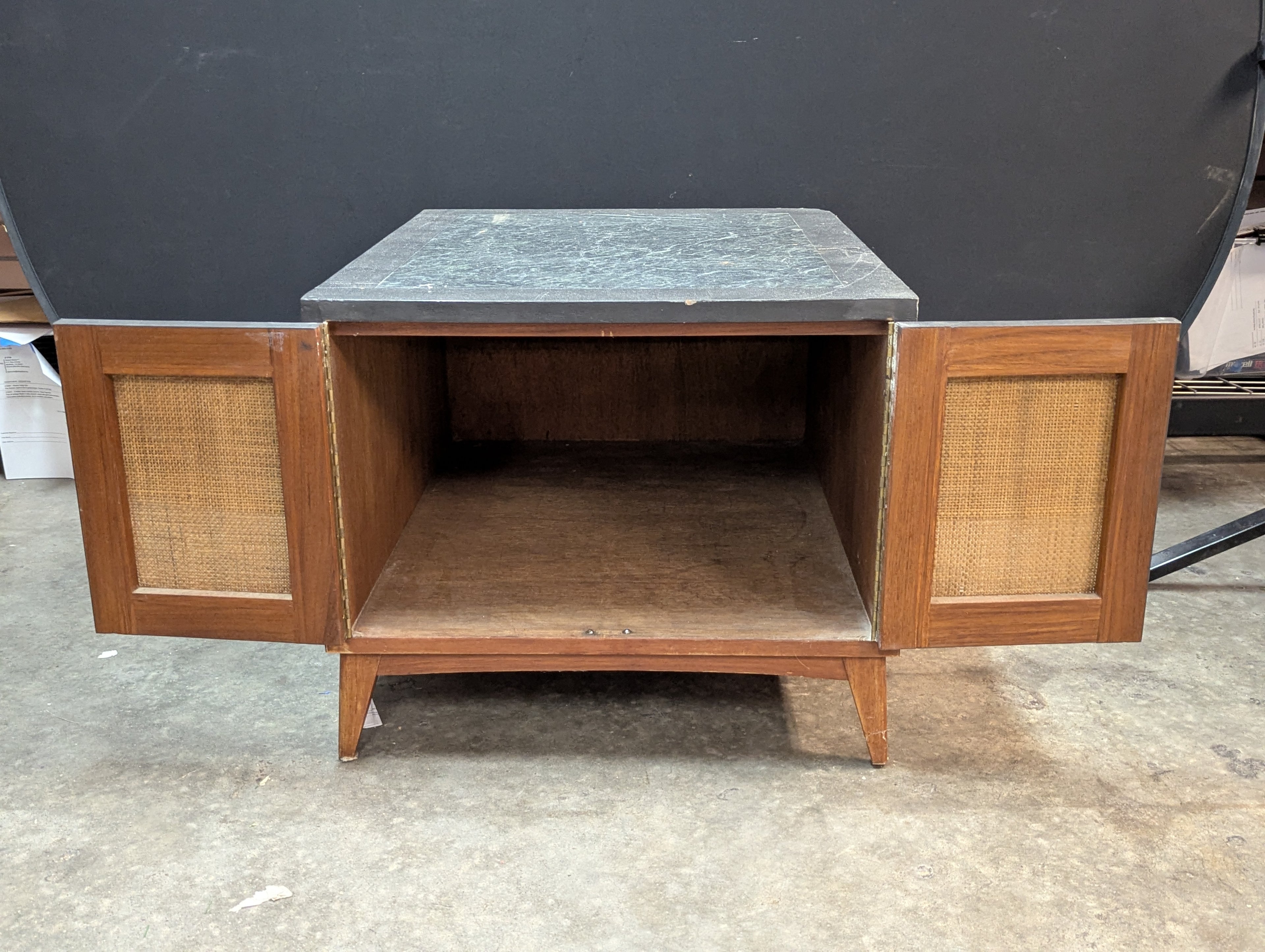 Vintage Mid Century Modern Cane Door Accent Storage Cabinet Side Table Black Wood