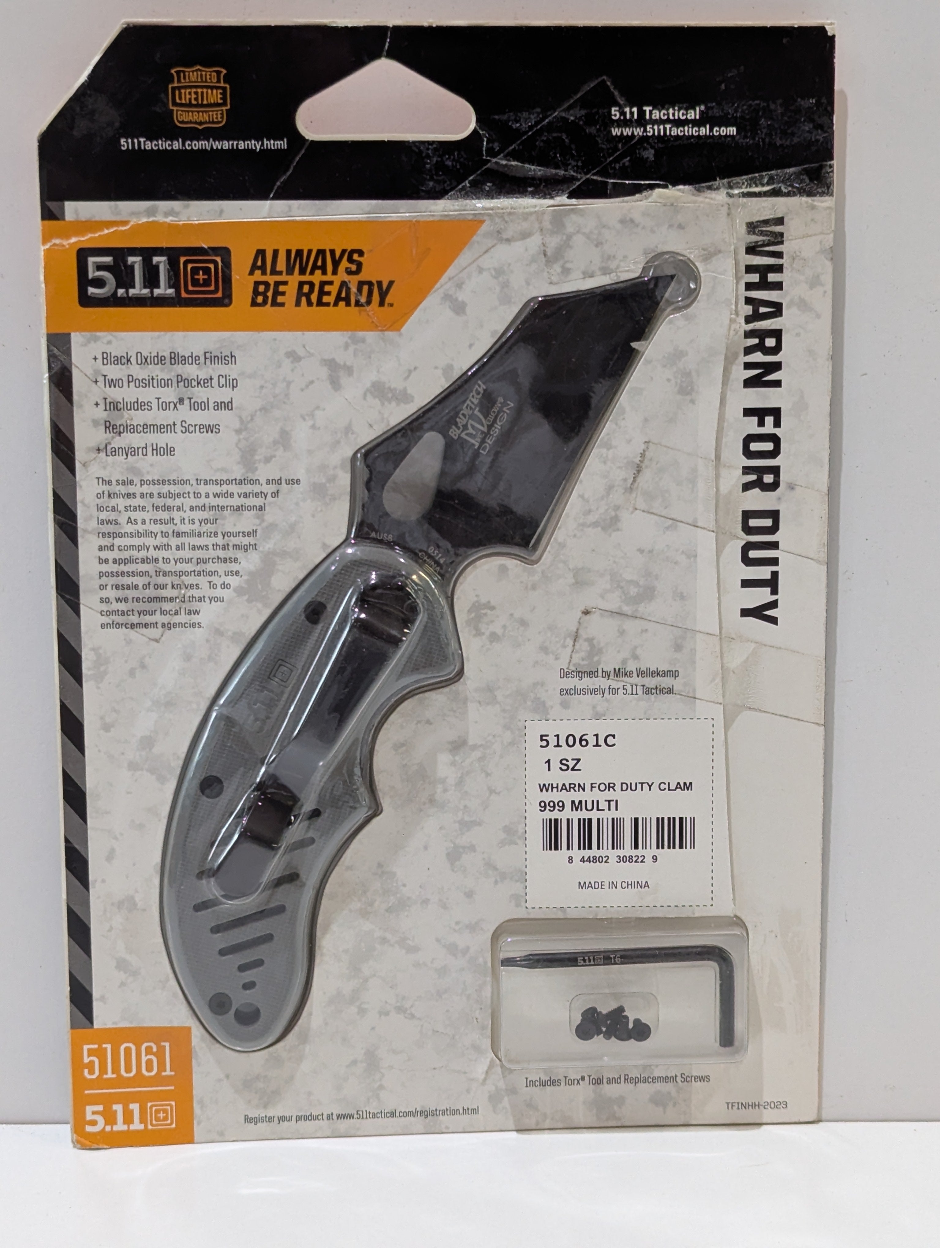 5.11 Tactical 51061C Wharn For Duty Folding Knife AUS8 Black Oxide New Sealed